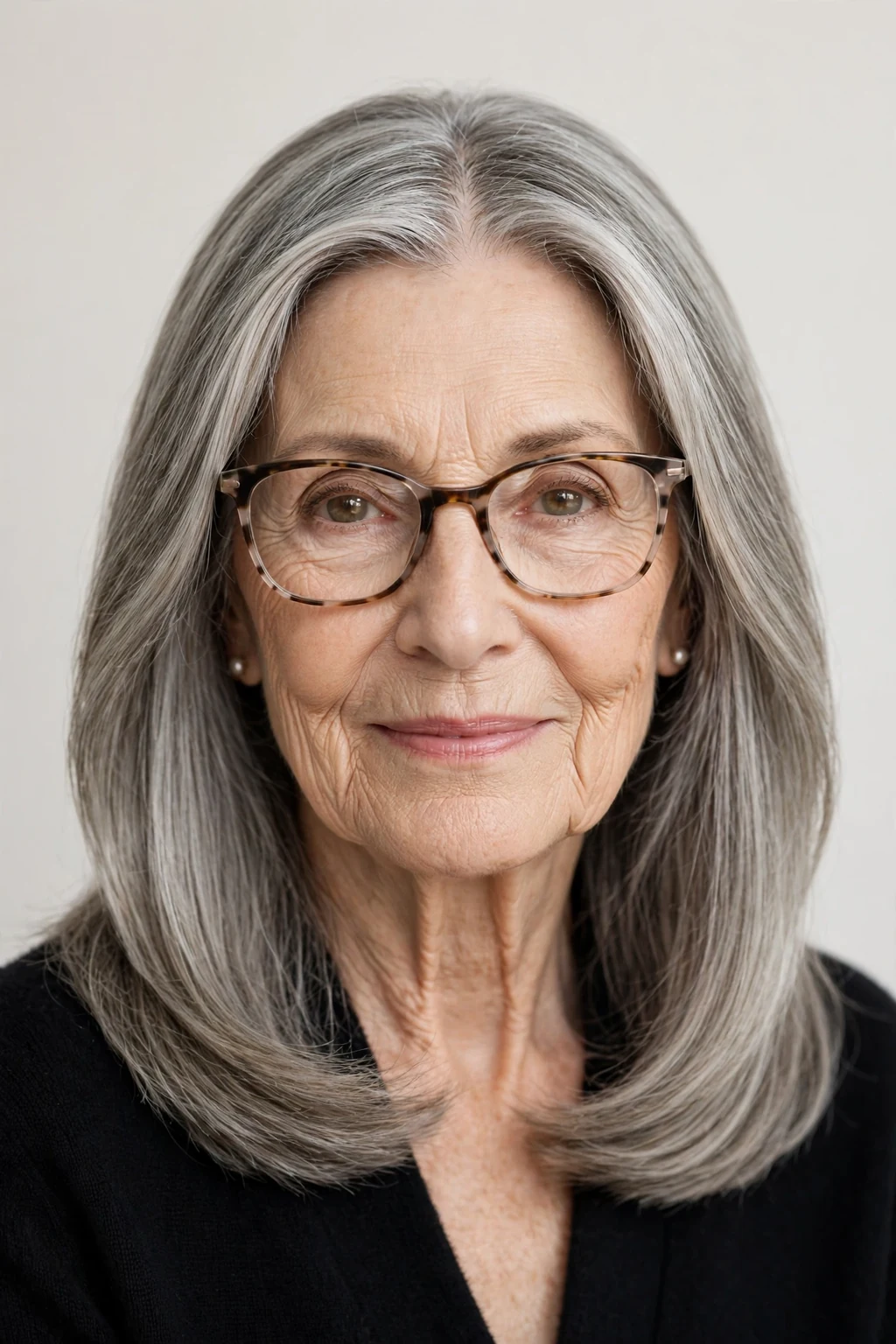 Elegant woman over 70 with glasses and medium-length center-part style, symmetrical flowing hair, serene light.