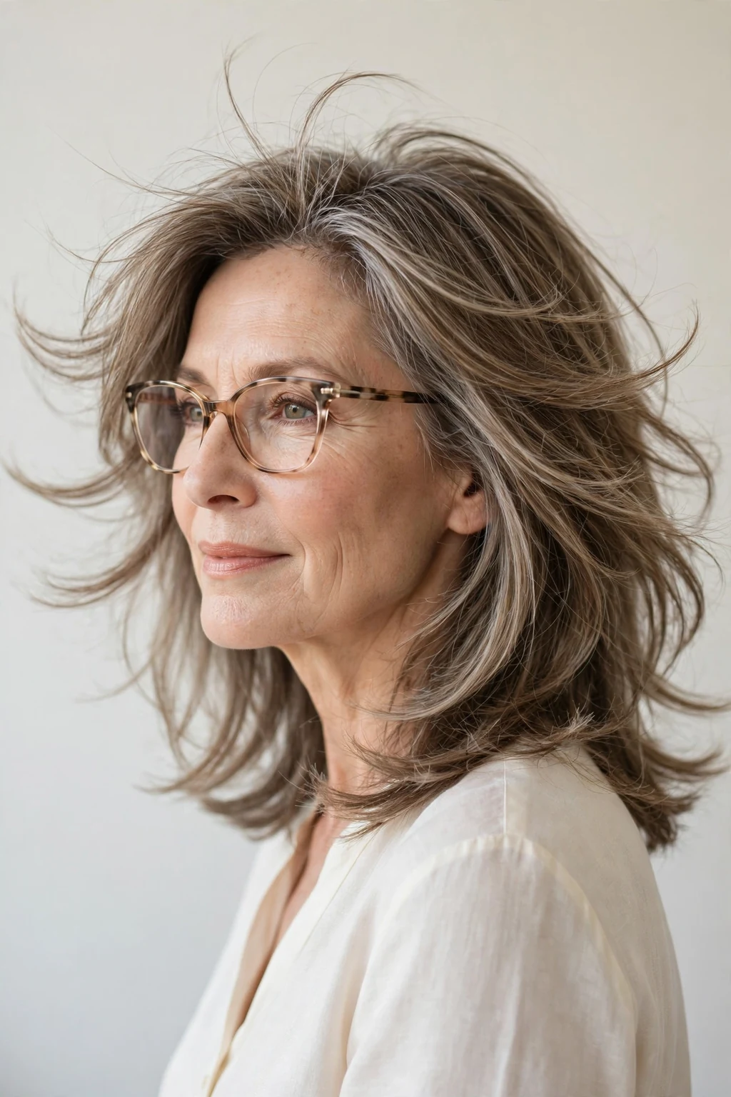 Elegant woman over 50 with glasses and medium-length feathered layers, soft airy movement, delicate light.