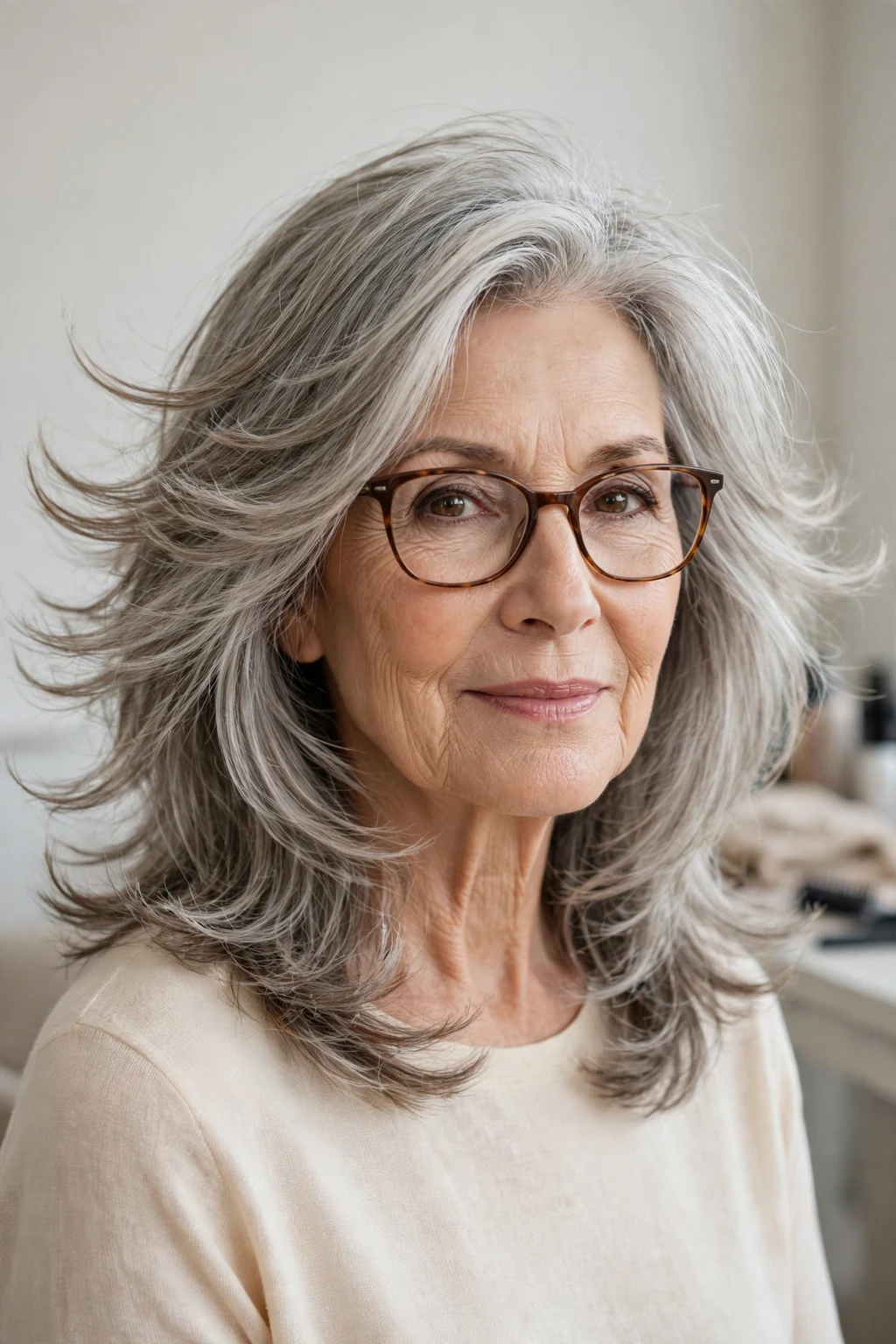 Elegant woman over 60 with glasses and medium-length feathered layers, soft airy movement, delicate light.
