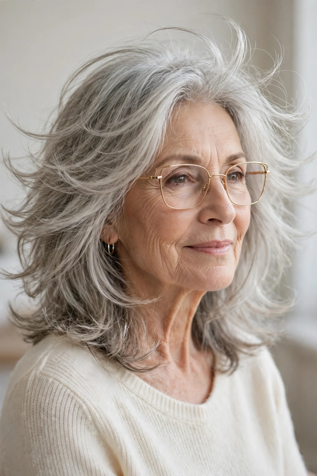 Elegant woman over 70 with glasses and medium-length feathered layers, soft airy movement, delicate light.
