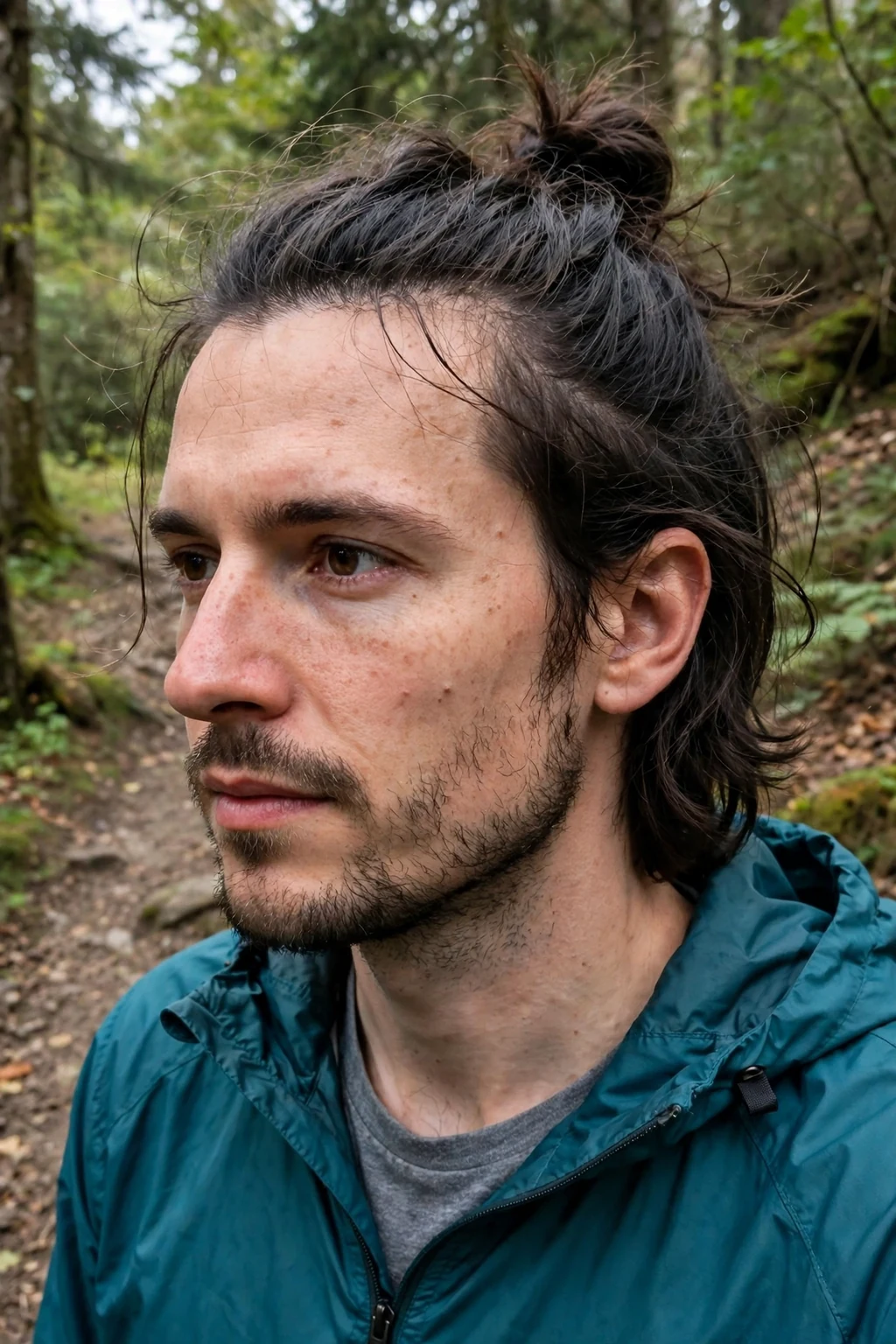 Man with a medium-length half-up top knot haircut, dark hair gathered into a loose knot with the rest falling past his ears.