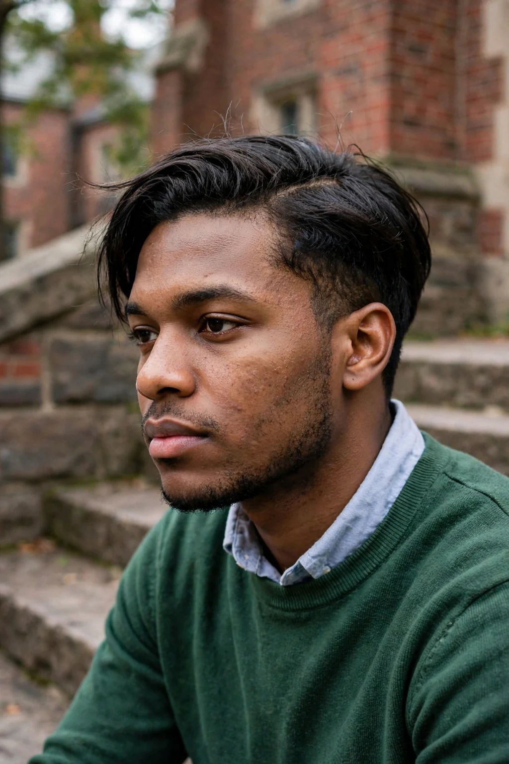 Man with a medium-length Ivy League haircut, neat side-parted top with tapered sides, sitting outdoors.