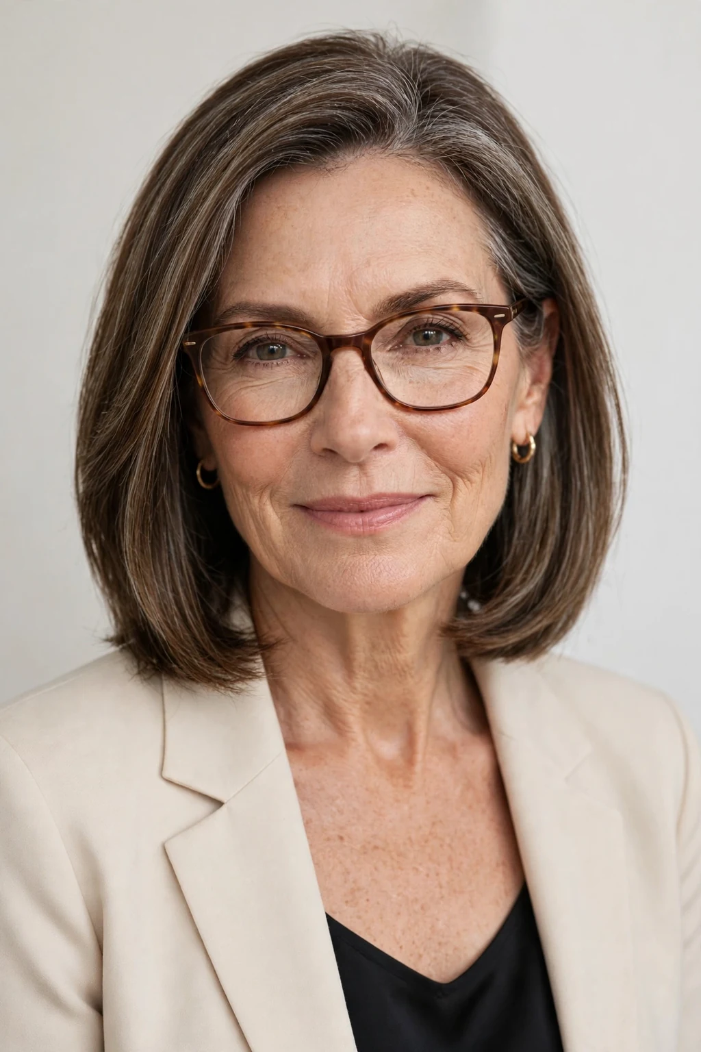Elegant woman over 50 with glasses and medium-length lob, modern chic cut, confident light.