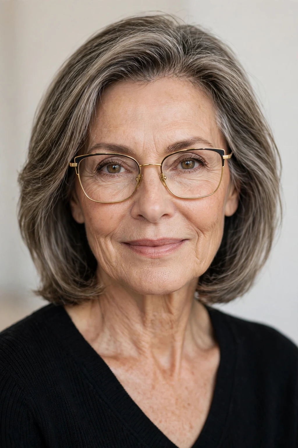 Elegant woman over 60 with glasses and medium-length lob, modern chic cut, confident light.