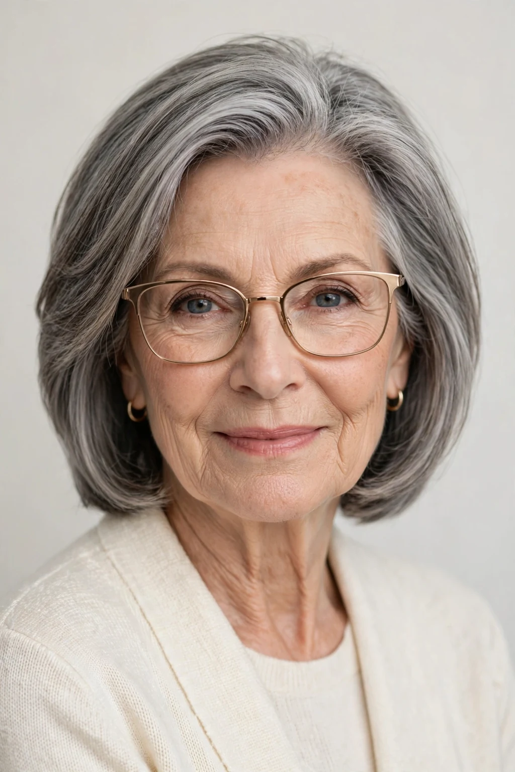 Elegant woman over 70 with glasses and medium-length lob, modern chic cut, confident light.