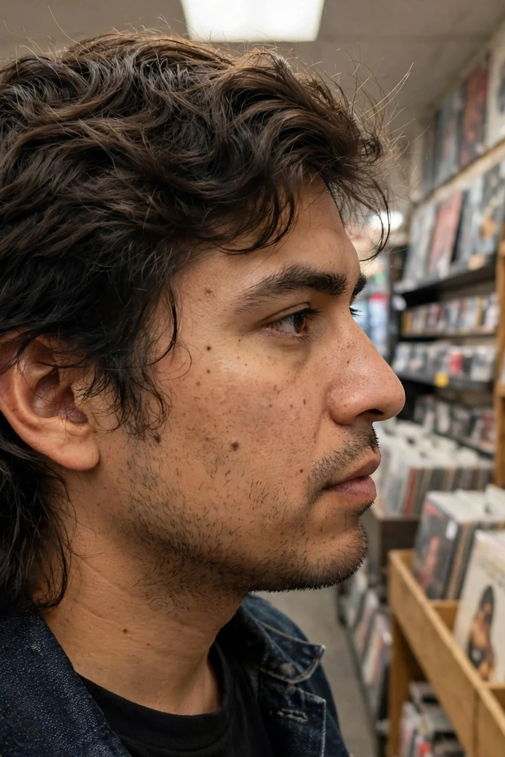 Man with a medium-length modern mullet haircut, textured wavy top with longer layered hair at the back.