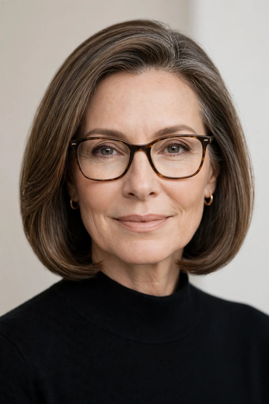 Elegant woman over 50 with glasses and medium-length polished cut, flawless smooth style, refined light.