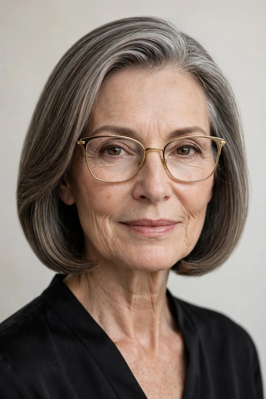 Elegant woman over 60 with glasses and medium-length polished cut, flawless smooth style, refined light.