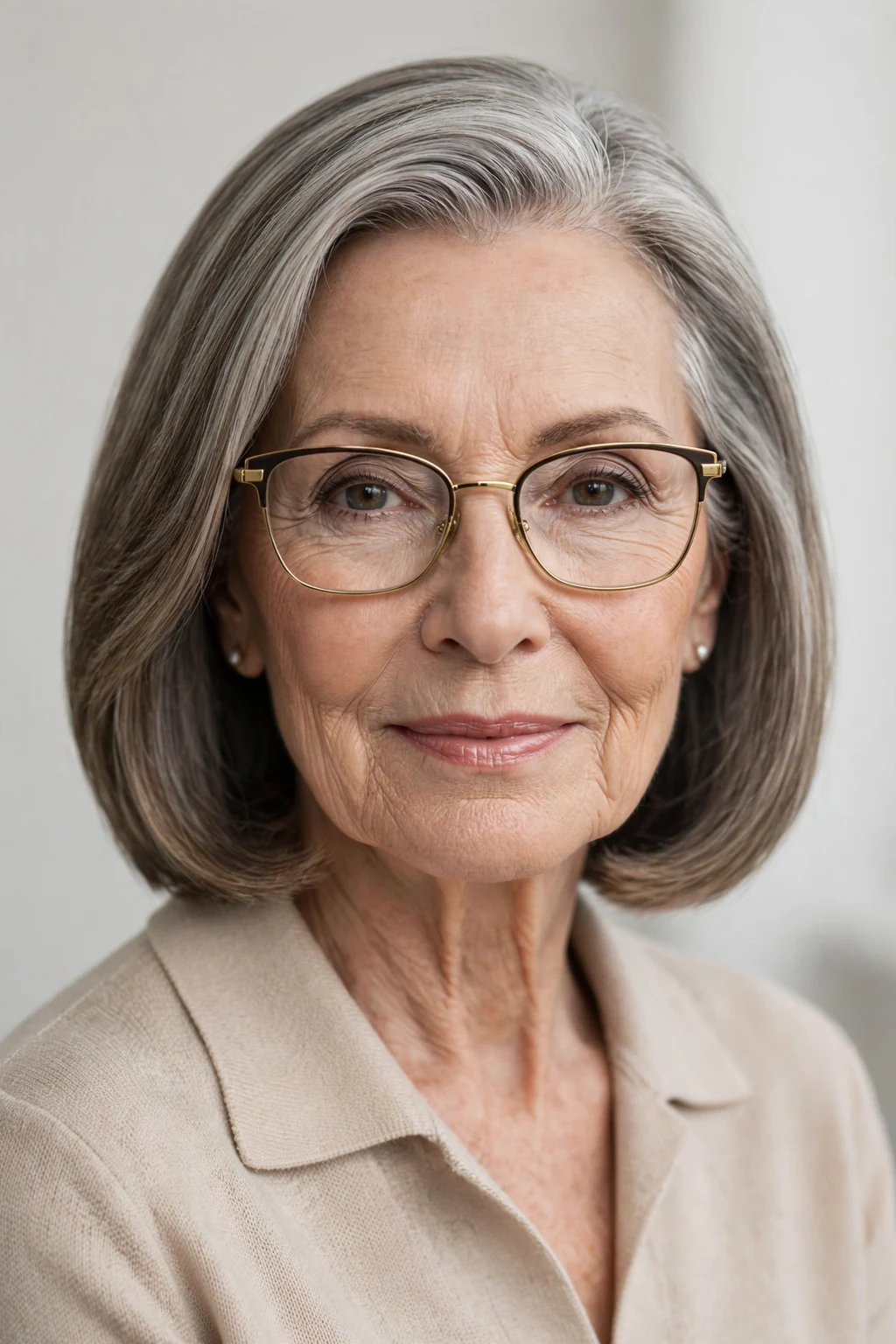 Elegant woman over 70 with glasses and medium-length polished cut, flawless smooth style, refined light.