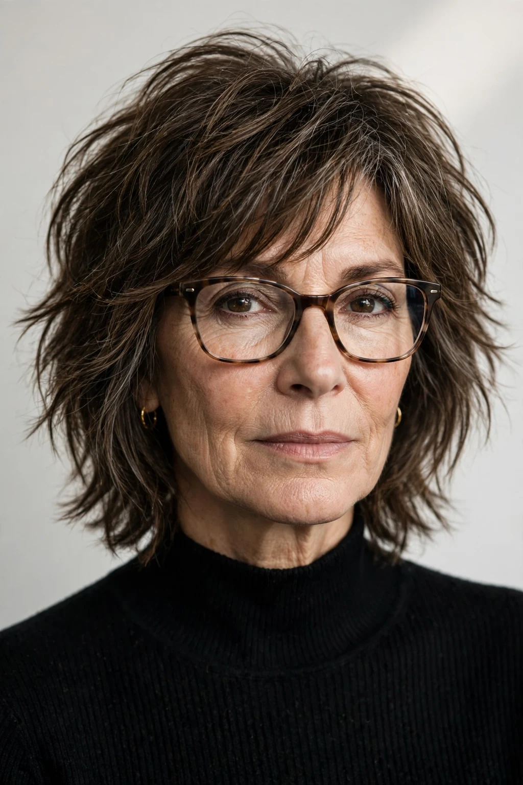 Elegant woman over 50 with glasses and medium-length shag, textured lived-in layers, edgy soft light.