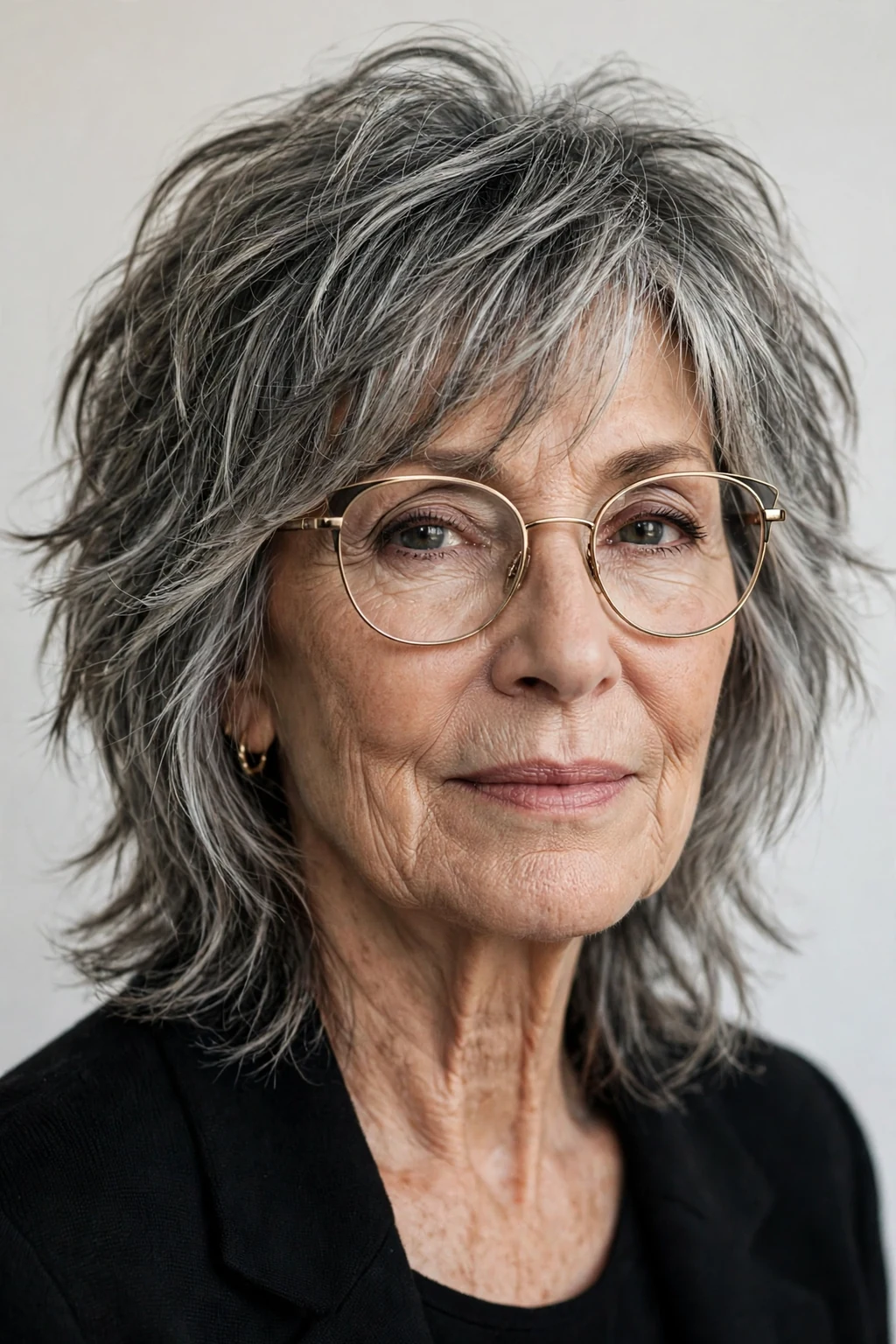 Elegant woman over 70 with glasses and medium-length shag, textured lived-in layers, edgy soft light.