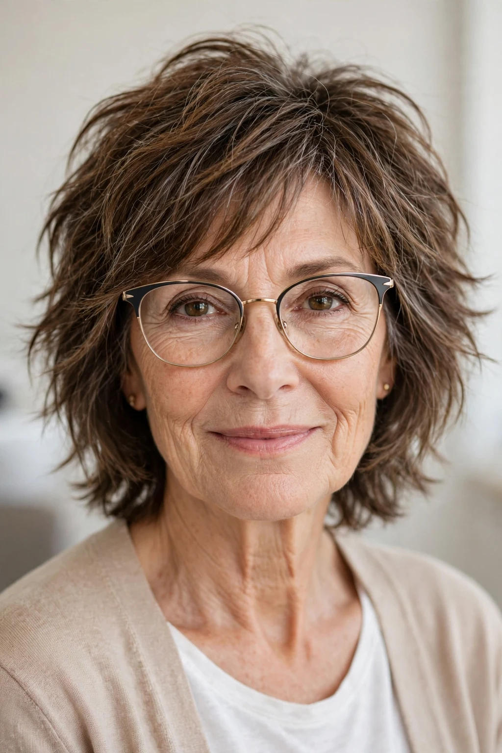 Elegant woman over 50 with glasses and medium-length shaggy lob, textured modern cut, casual light.