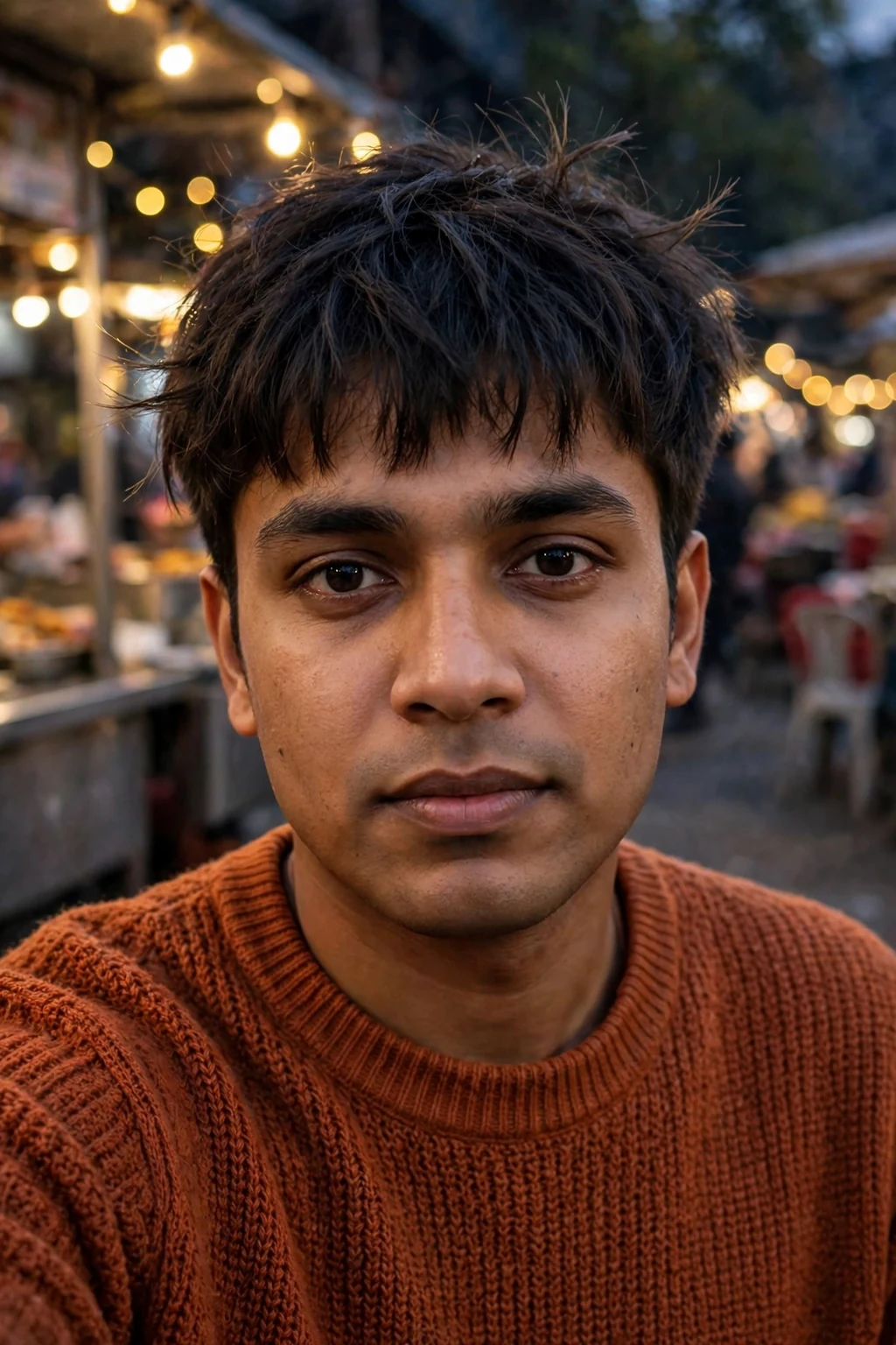 Man with a medium-length textured crop haircut, choppy layered top with a short textured fringe.