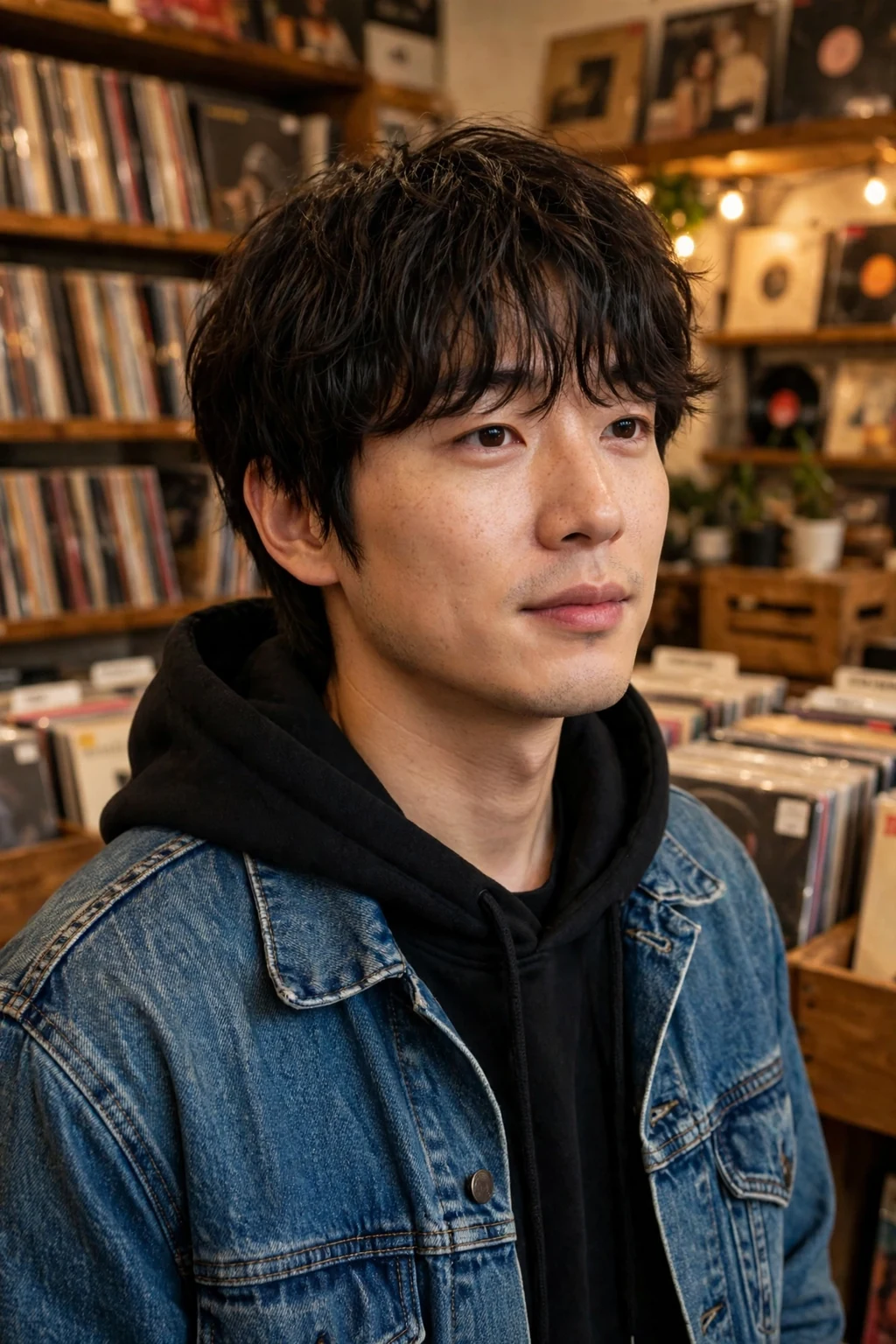 Man with a medium-length textured fringe haircut, tousled fringe falling over the forehead.