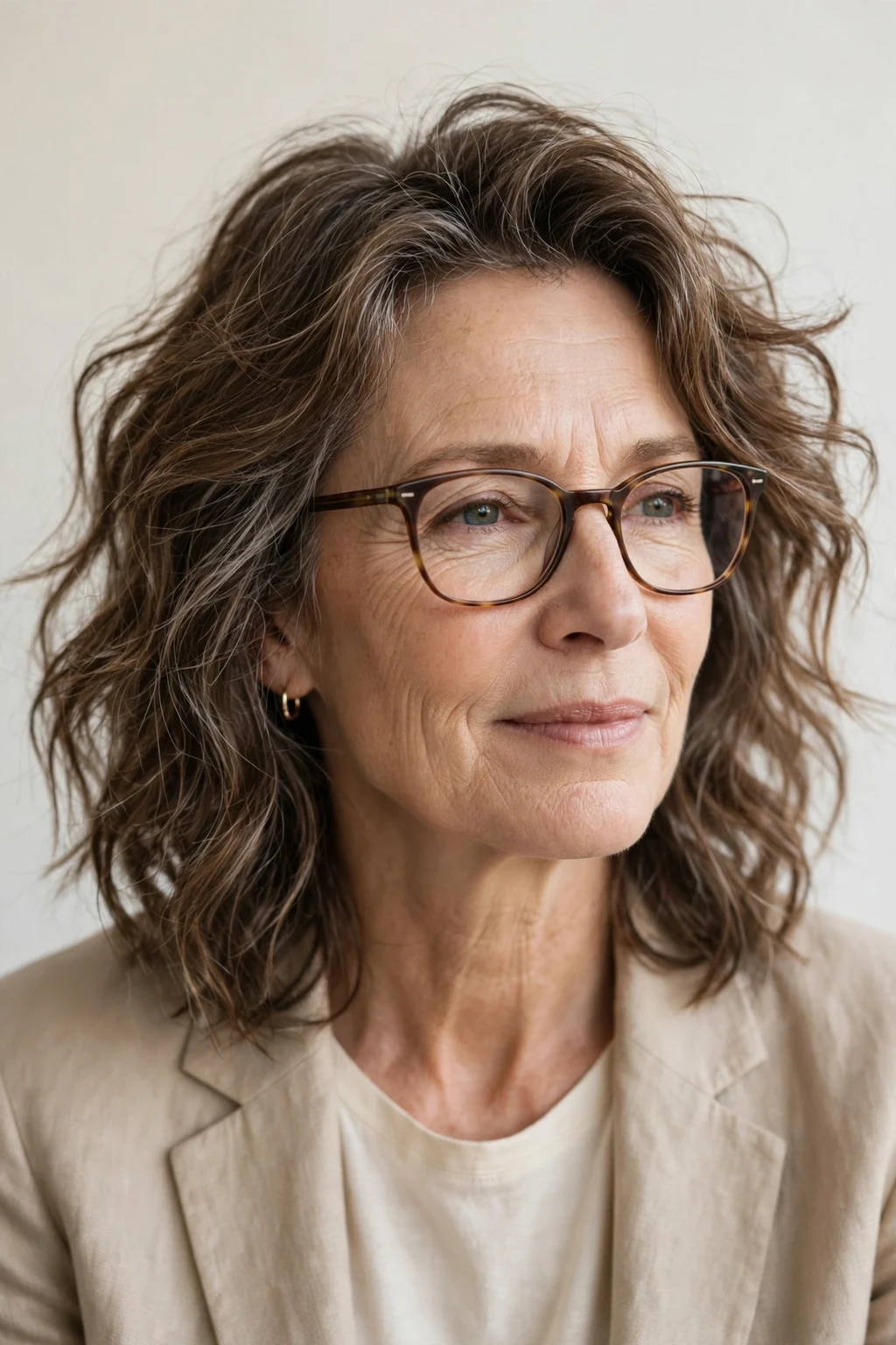 Elegant woman over 50 with glasses and medium-length tousled waves, carefree flowing texture, relaxed light.