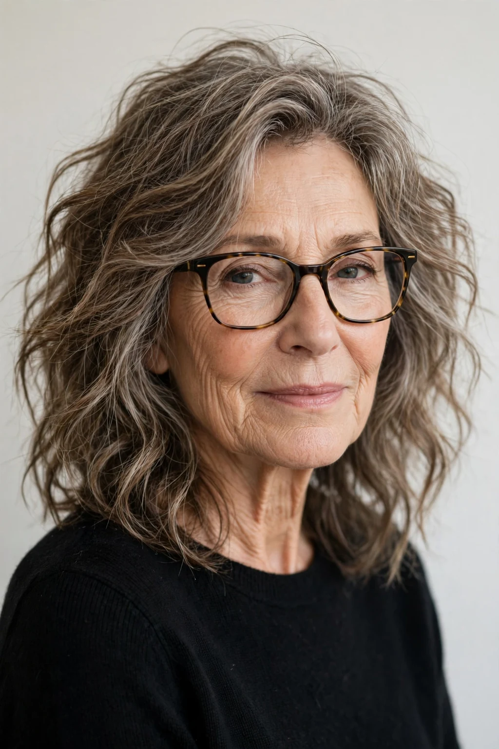 Elegant woman over 60 with glasses and medium-length tousled waves, carefree flowing texture, relaxed light.