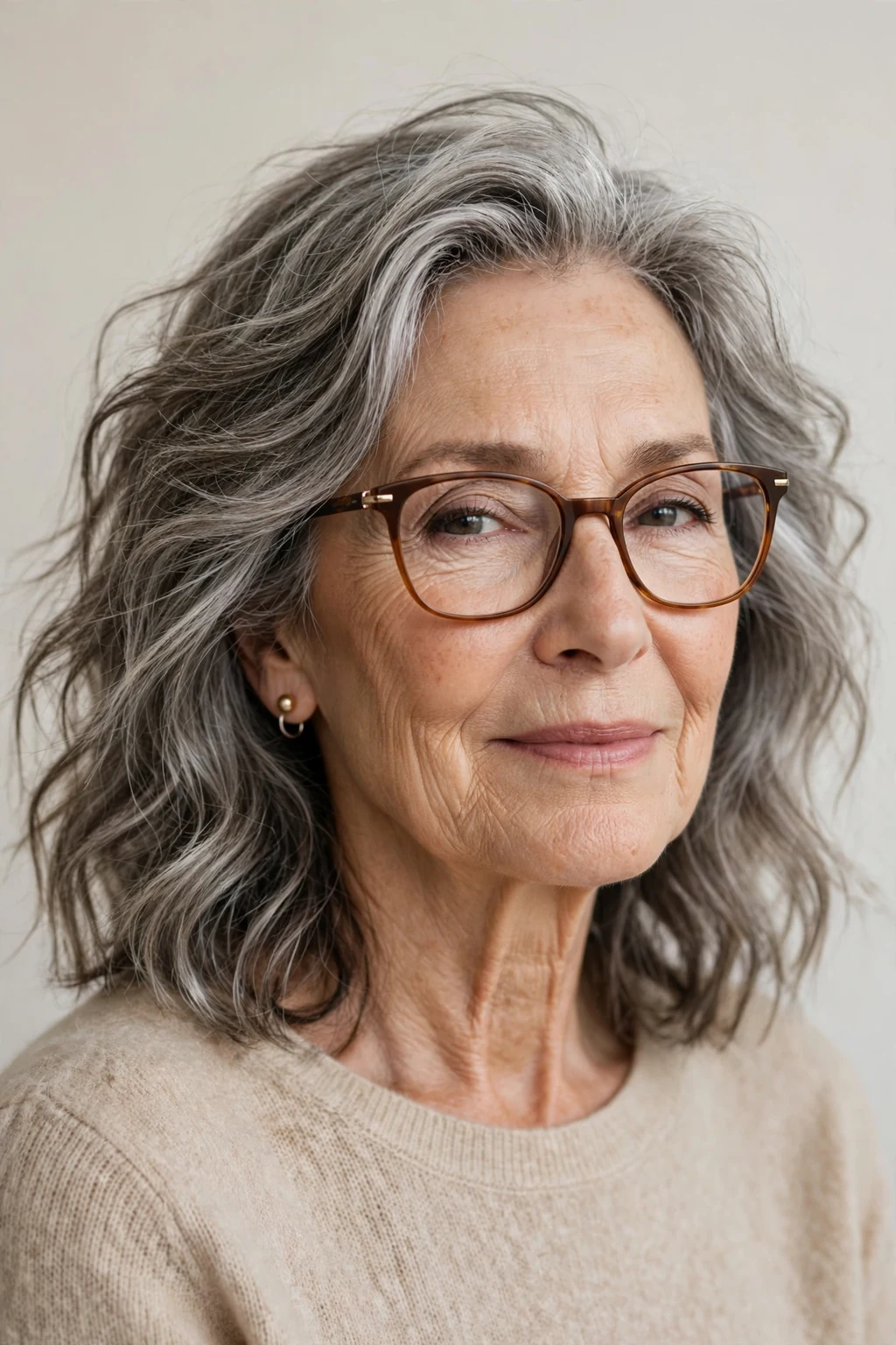 Elegant woman over 70 with glasses and medium-length tousled waves, carefree flowing texture, relaxed light.