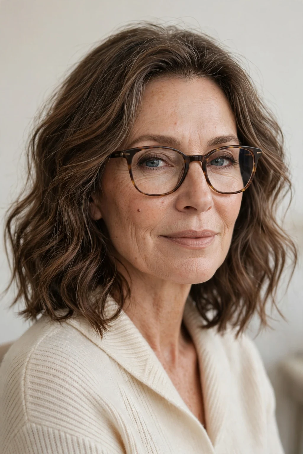 Elegant woman over 50 with glasses and medium-length waves, soft natural waves, chic relaxed light.