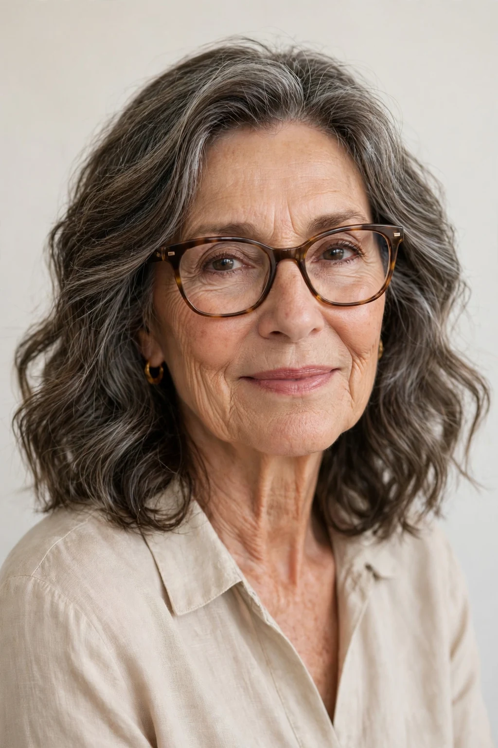 Elegant woman over 60 with glasses and medium-length waves, soft natural waves, chic relaxed light.