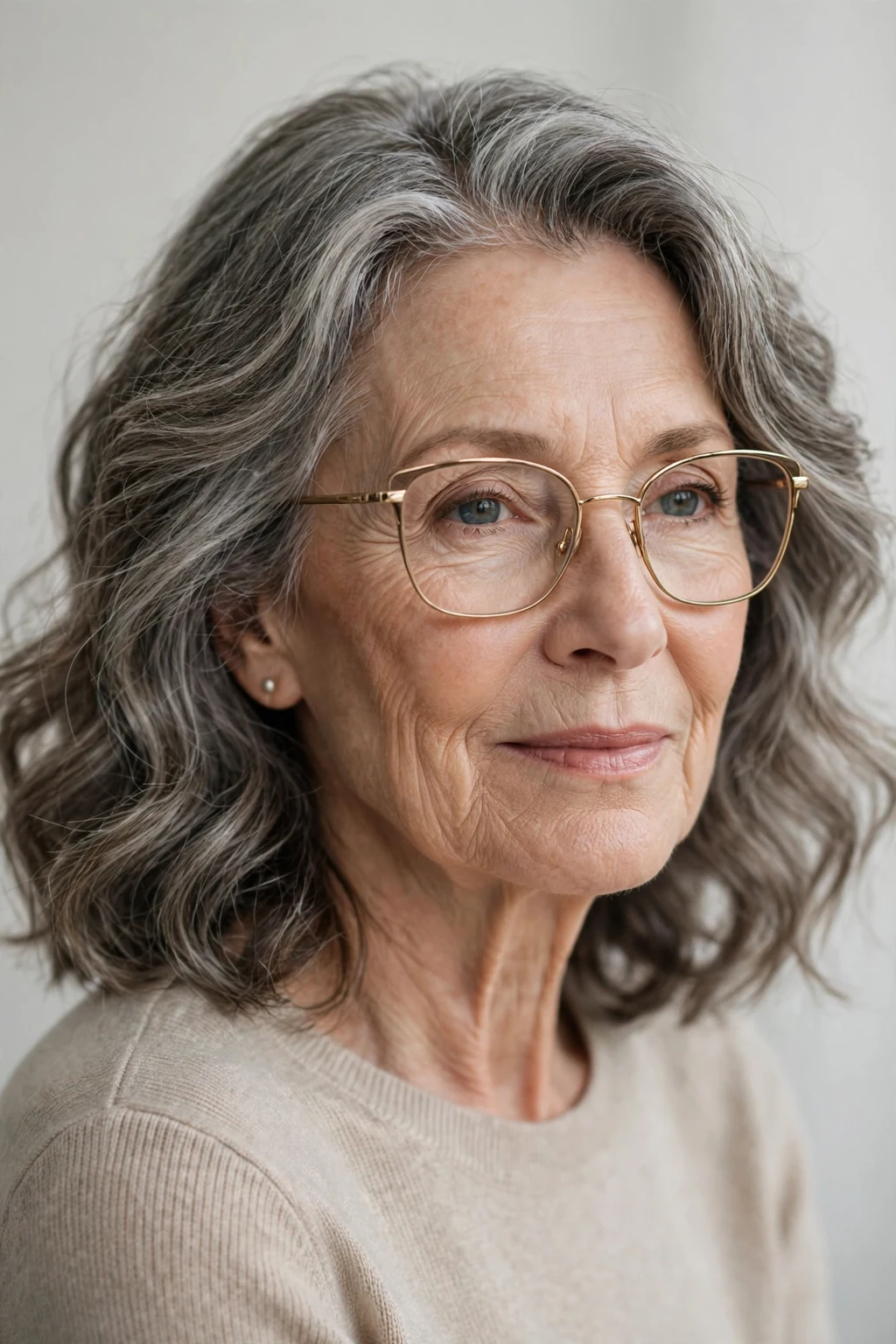 Elegant woman over 70 with glasses and medium-length waves, soft natural waves, chic relaxed light.