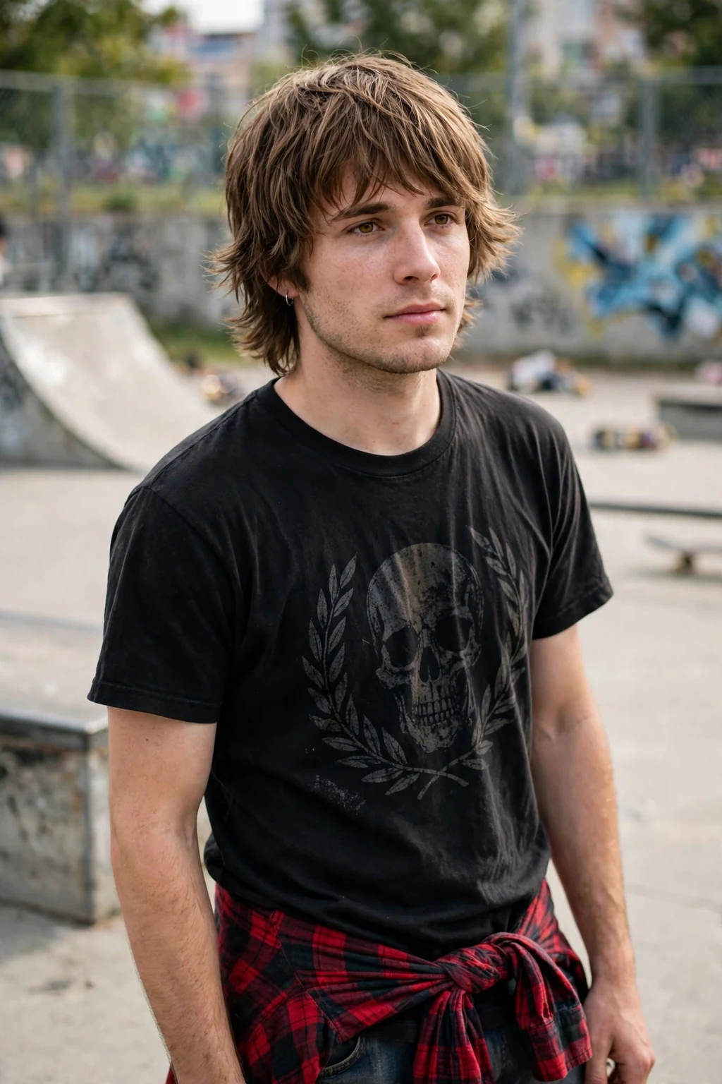 Man with a medium-length wolf cut, shaggy layered wolf cut with textured ends.