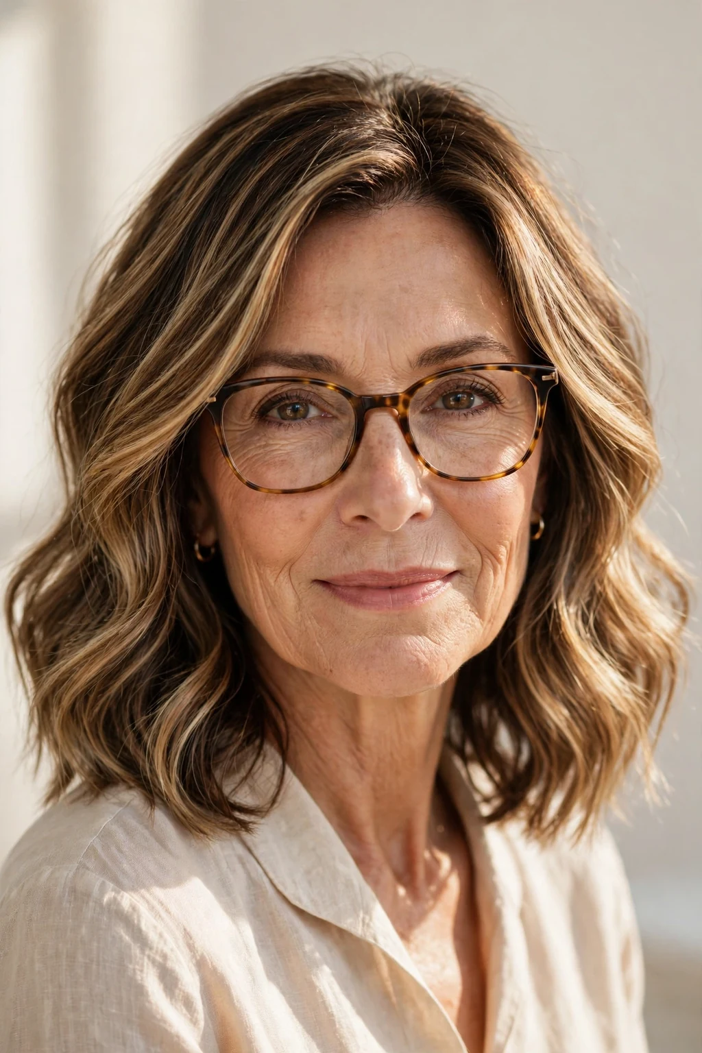 Elegant woman over 50 with glasses and medium-length balayage, hand-painted dimensional color, sunlit photo.