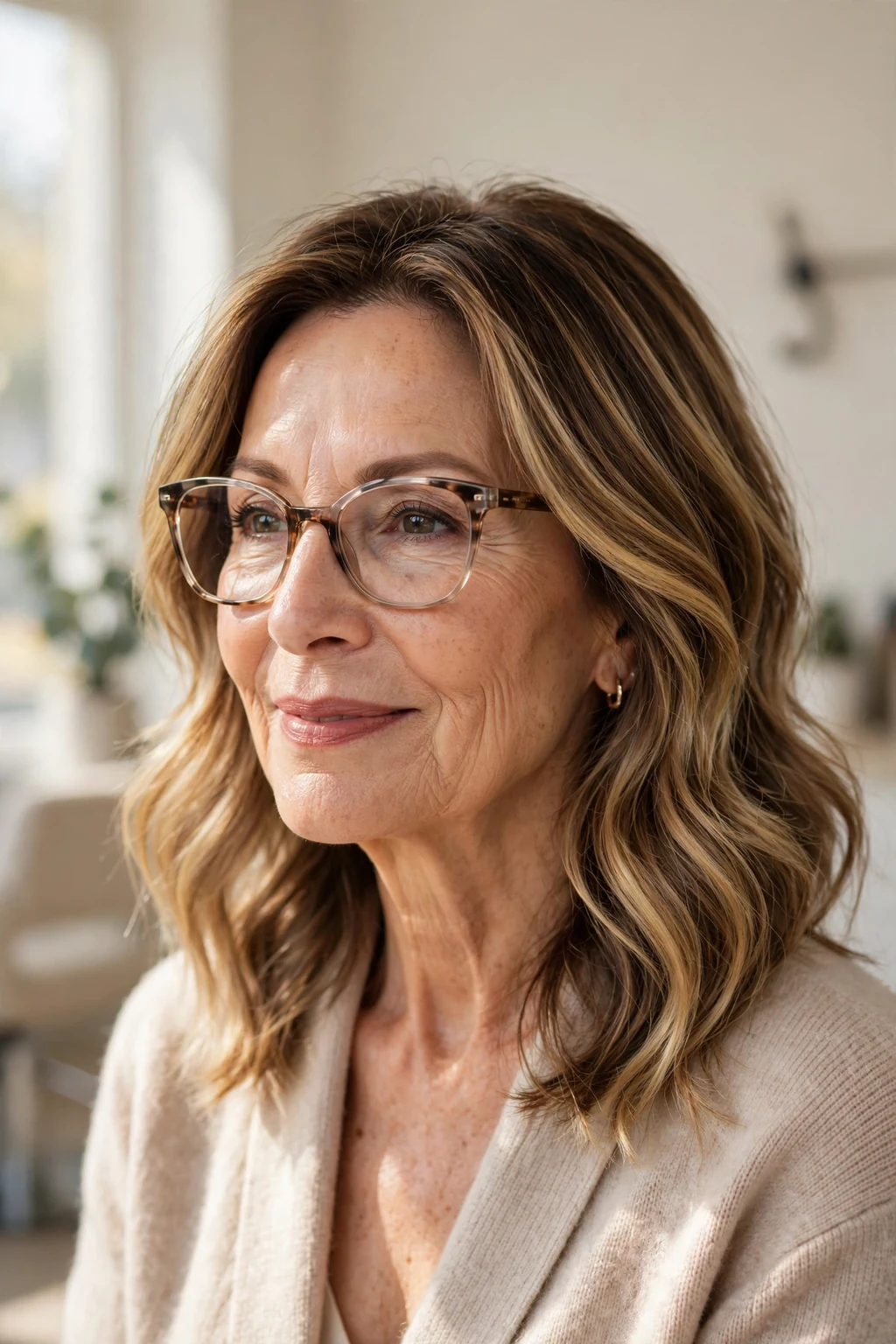 Elegant woman over 60 with glasses and medium-length balayage, hand-painted dimensional color, sunlit photo.