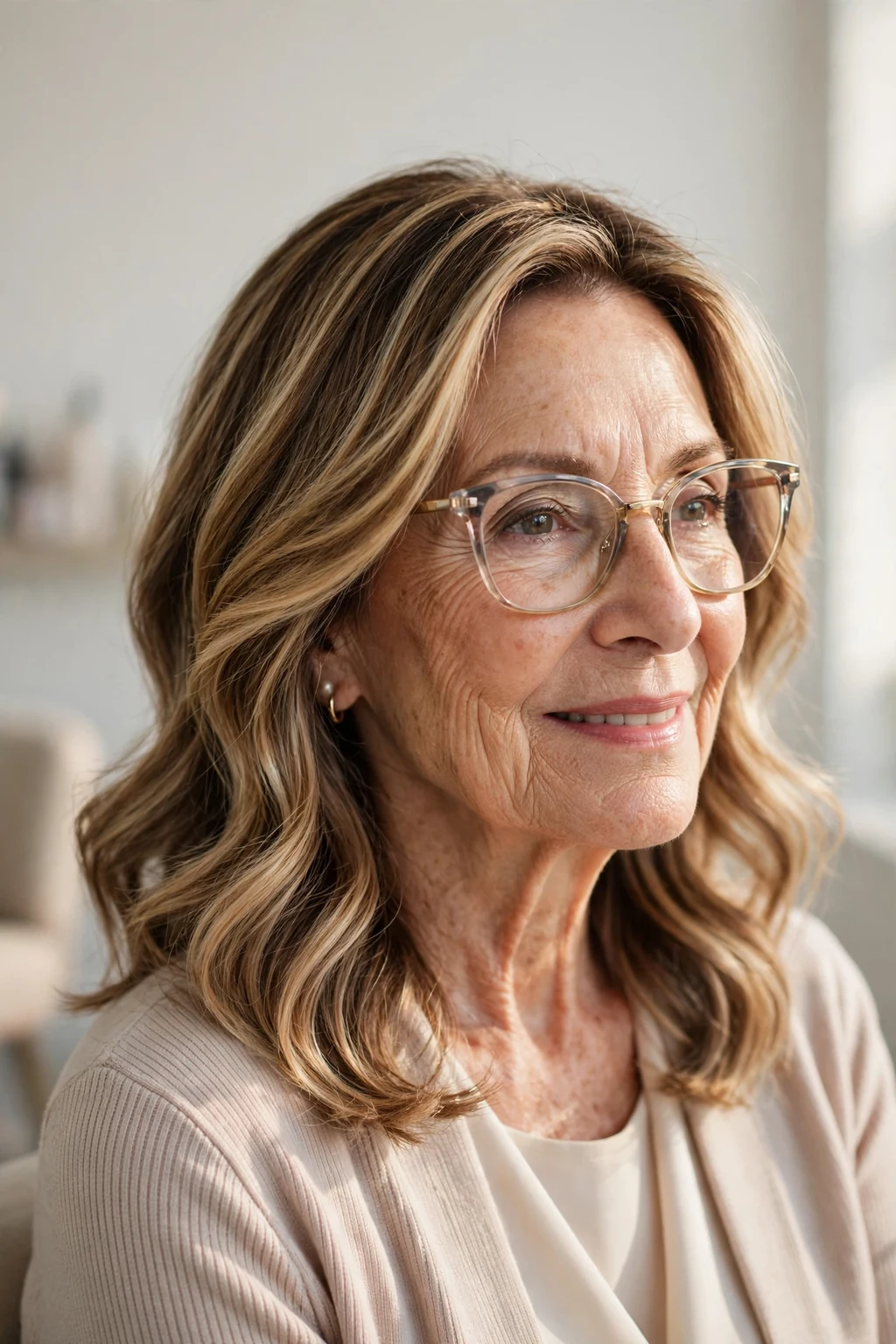 Elegant woman over 70 with glasses and medium-length balayage, hand-painted dimensional color, sunlit photo.