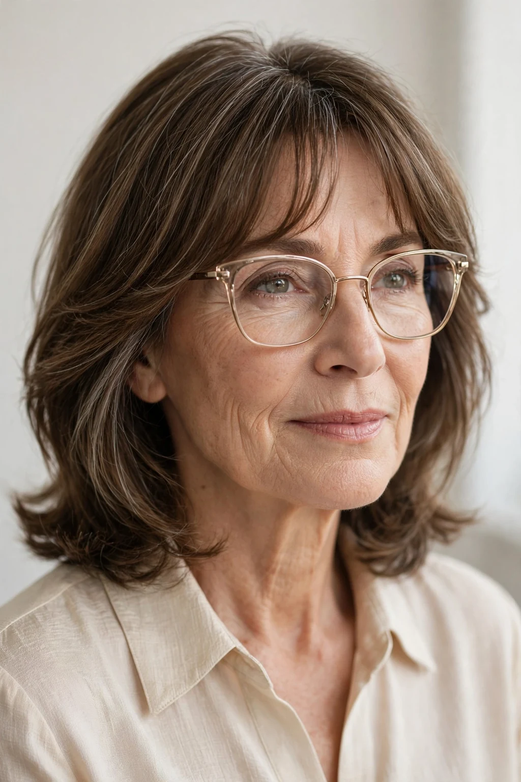 Elegant woman over 50 with glasses and medium-length hair with curtain bangs, soft parted fringe, flattering light.