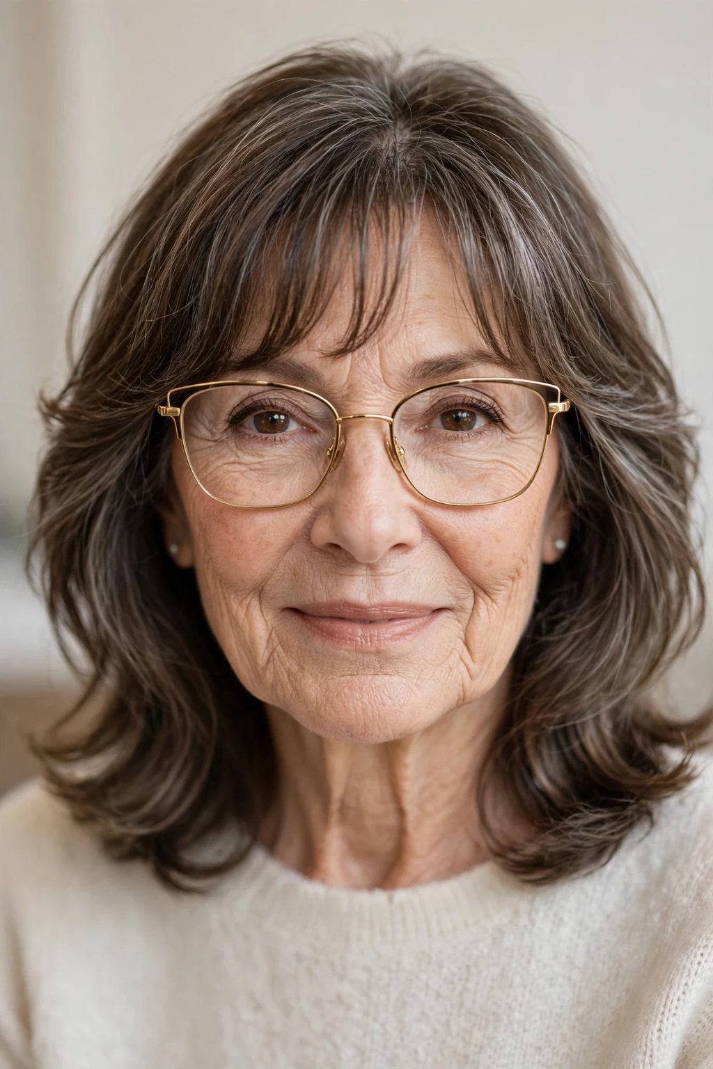 Elegant woman over 60 with glasses and medium-length hair with curtain bangs, soft parted fringe, flattering light.