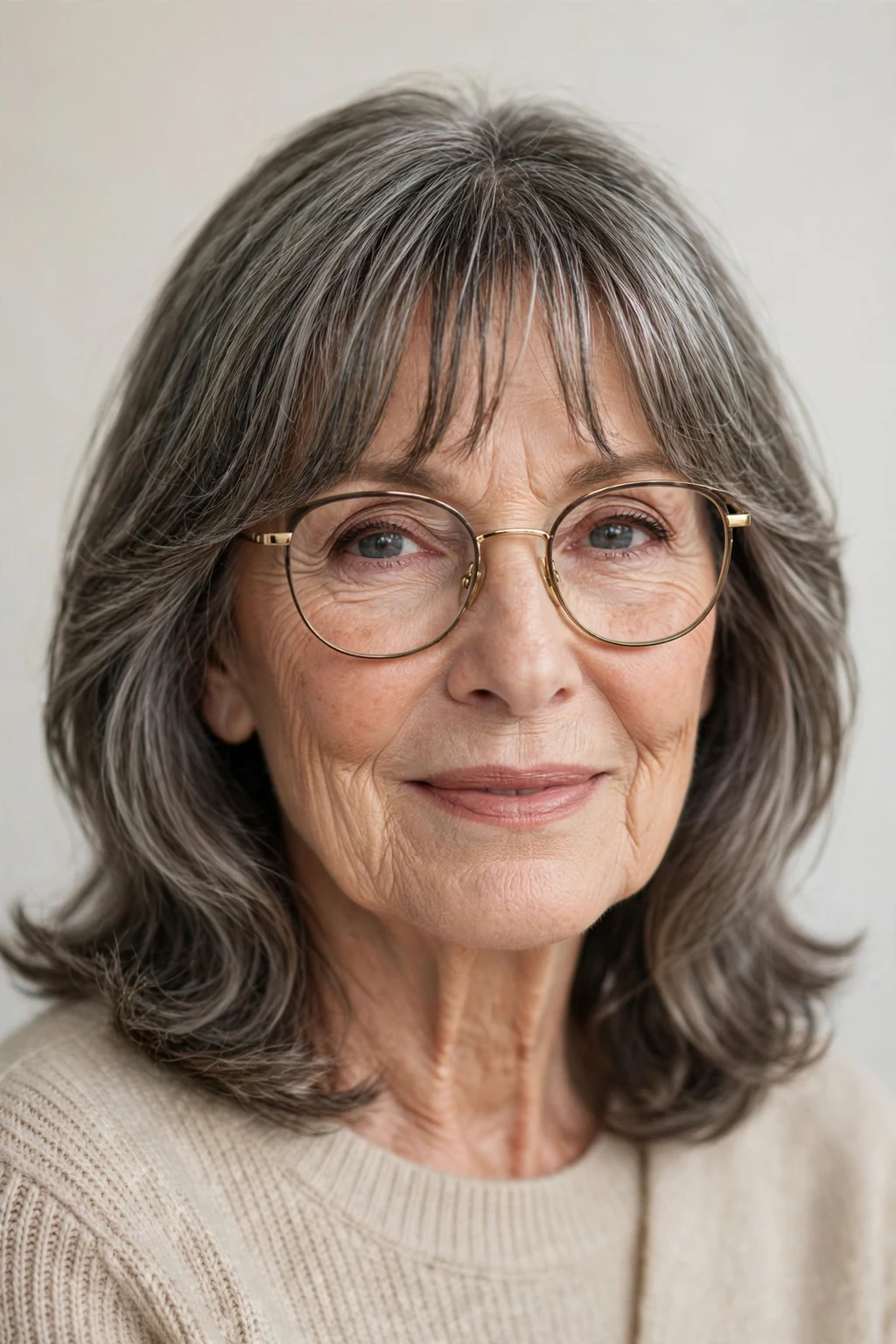 Elegant woman over 70 with glasses and medium-length hair with curtain bangs, soft parted fringe, flattering light.
