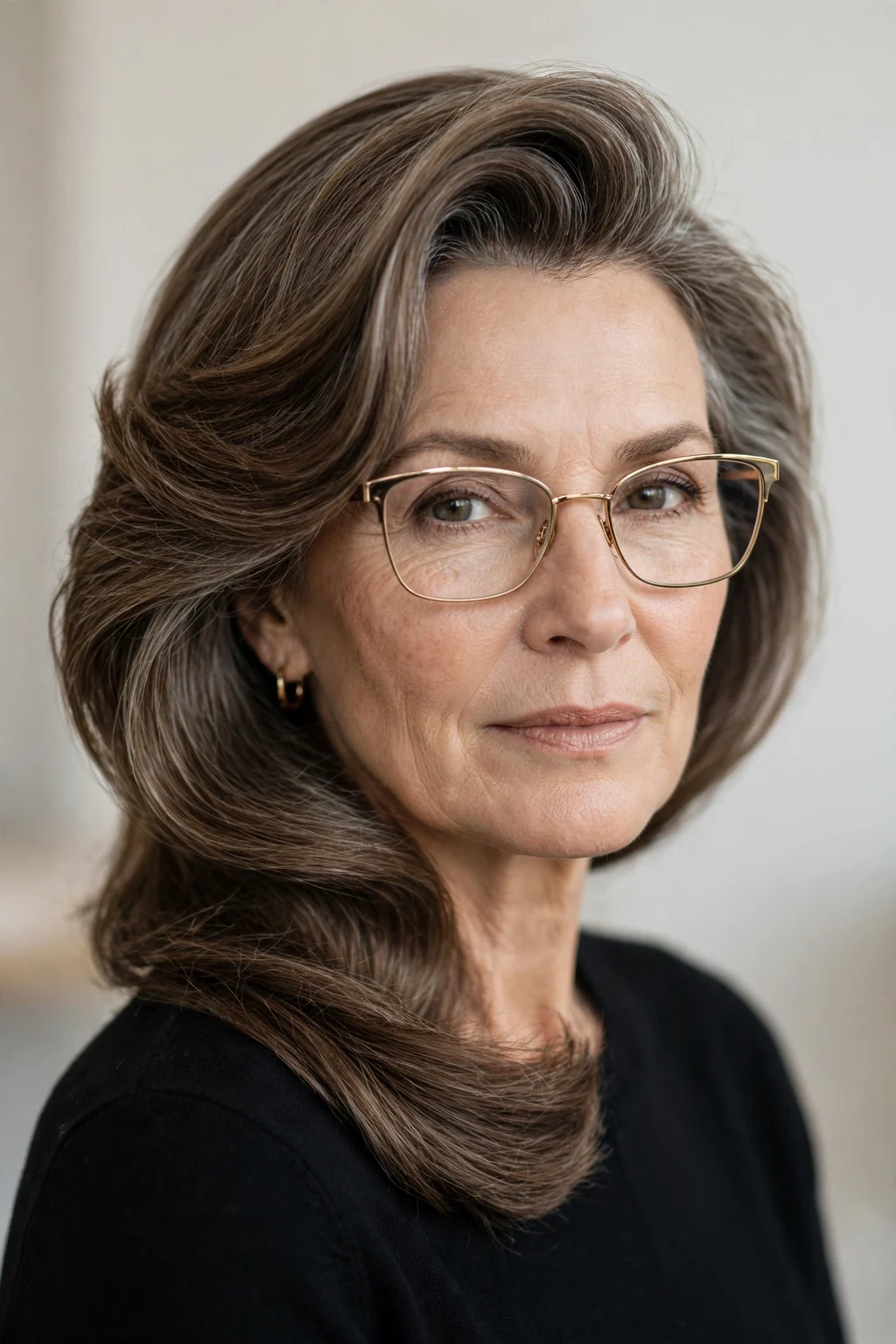 Elegant woman over 50 with glasses and medium-length hair with deep side part, dramatic elegant sweep, refined light.