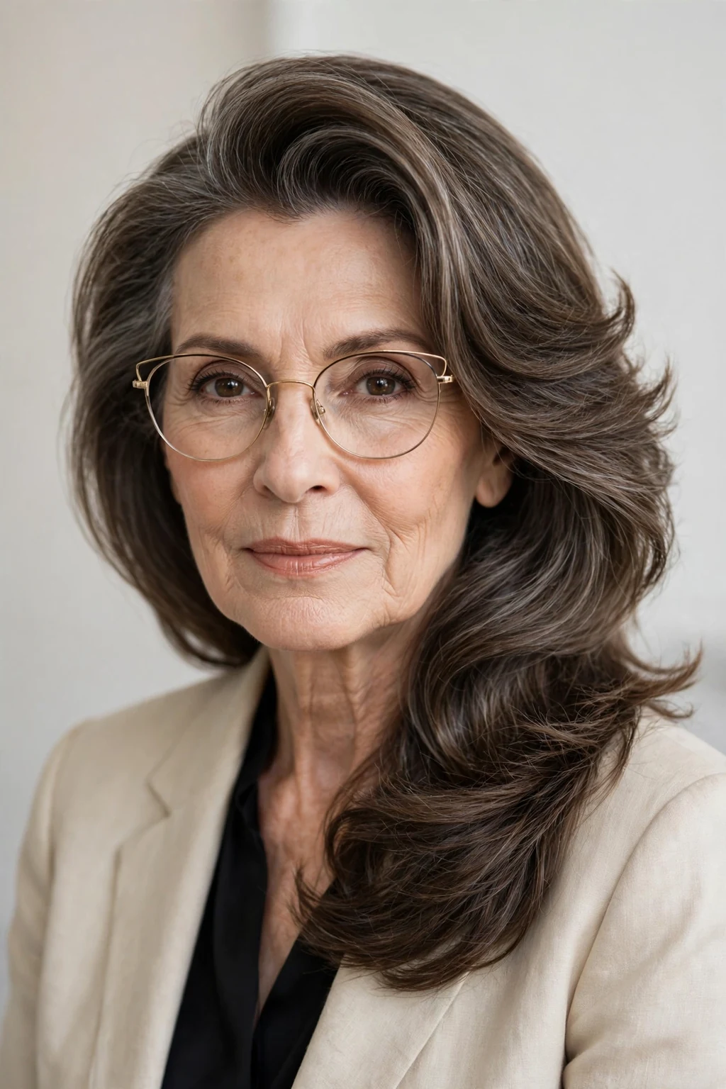 Elegant woman over 60 with glasses and medium-length hair with deep side part, dramatic elegant sweep, refined light.