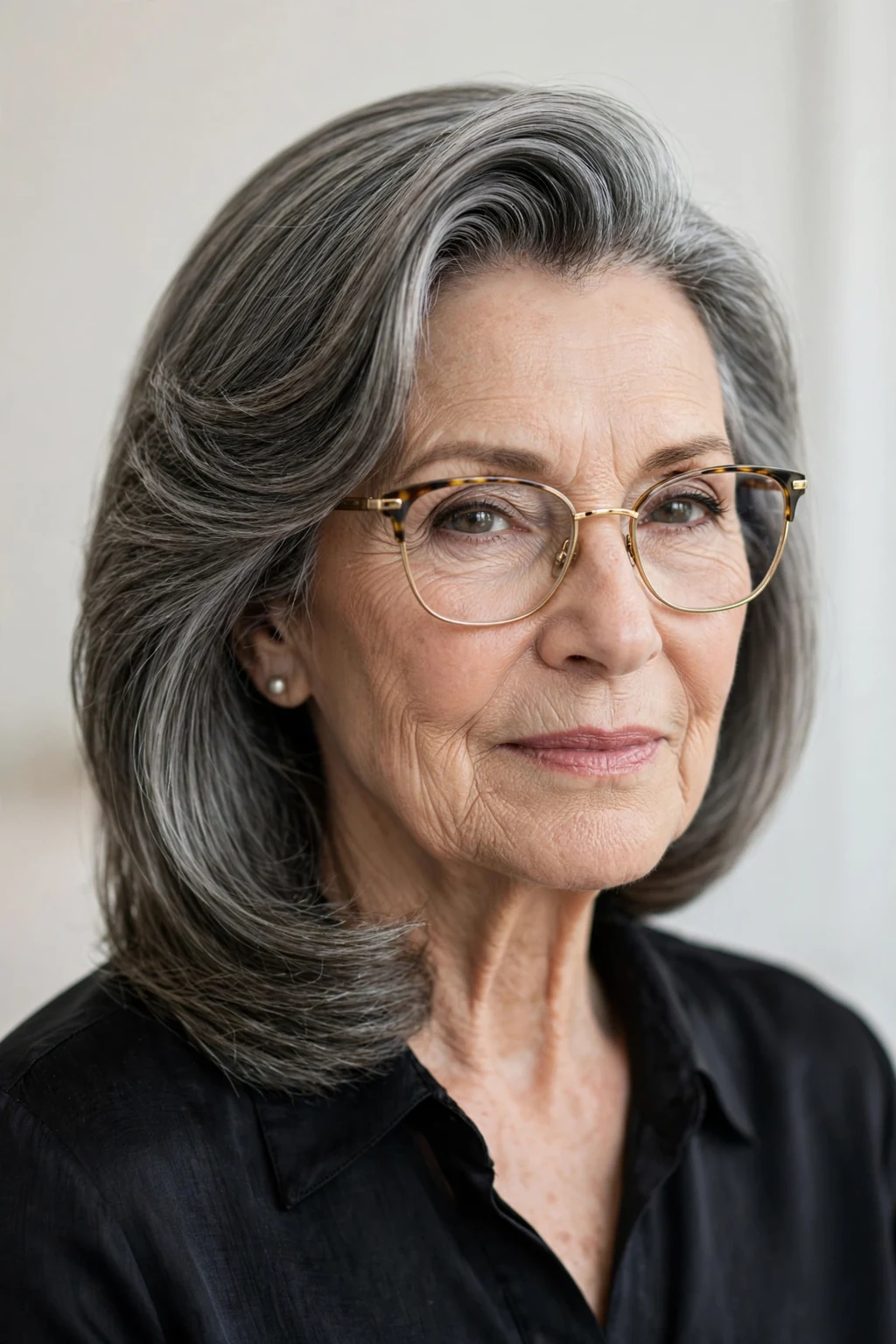 Elegant woman over 70 with glasses and medium-length hair with deep side part, dramatic elegant sweep, refined light.
