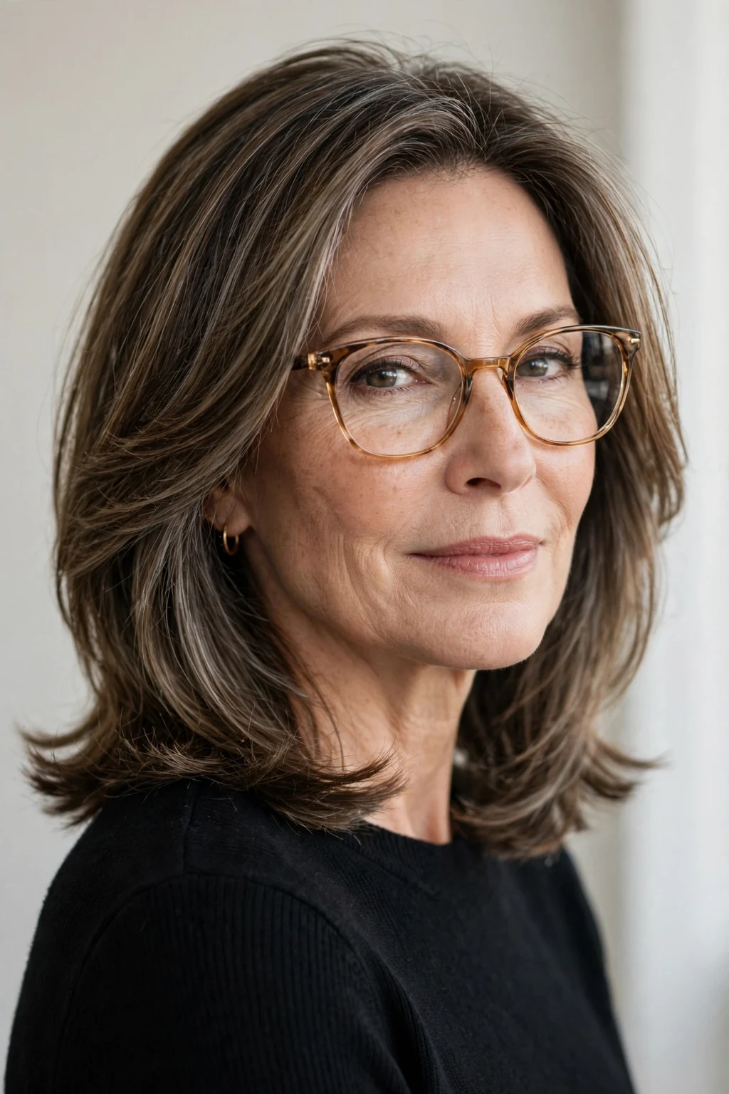 Elegant woman over 50 with glasses and face-framing medium-length layers, soft contouring pieces, flattering light.