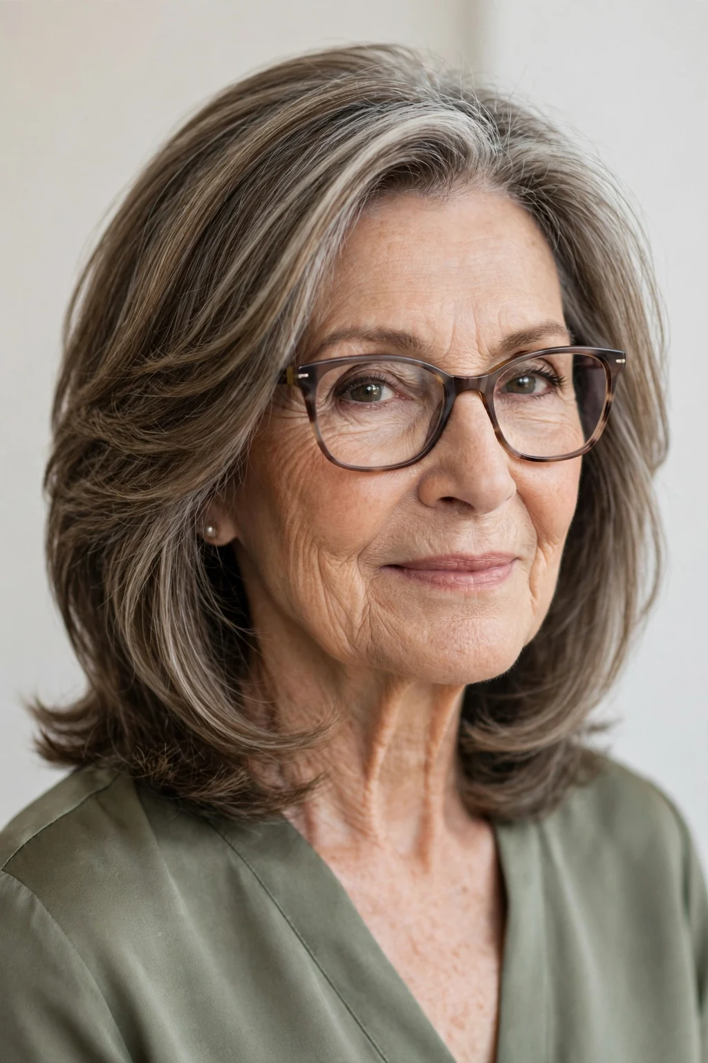 Elegant woman over 60 with glasses and face-framing medium-length layers, soft contouring pieces, flattering light.
