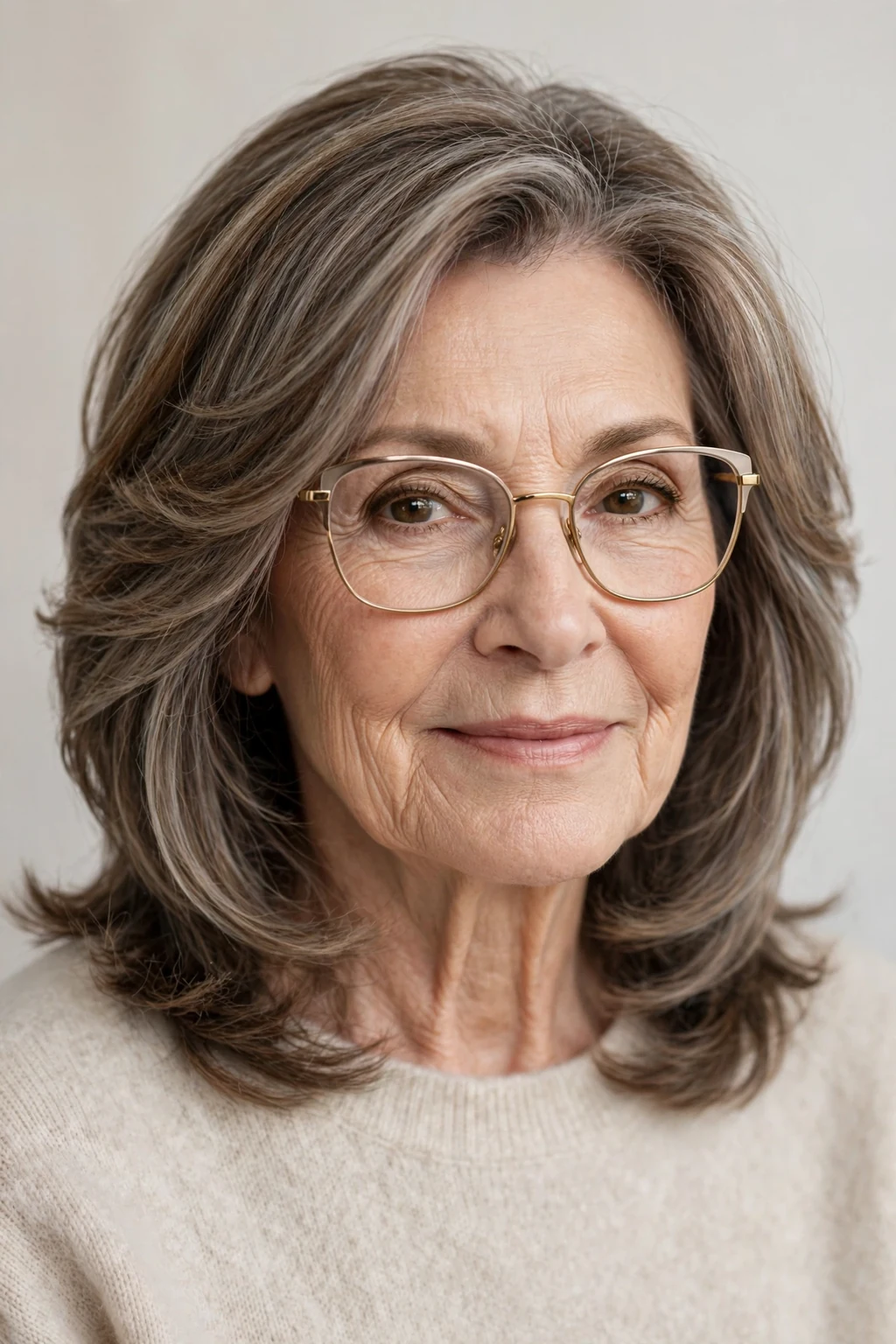 Elegant woman over 70 with glasses and face-framing medium-length layers, soft contouring pieces, flattering light.