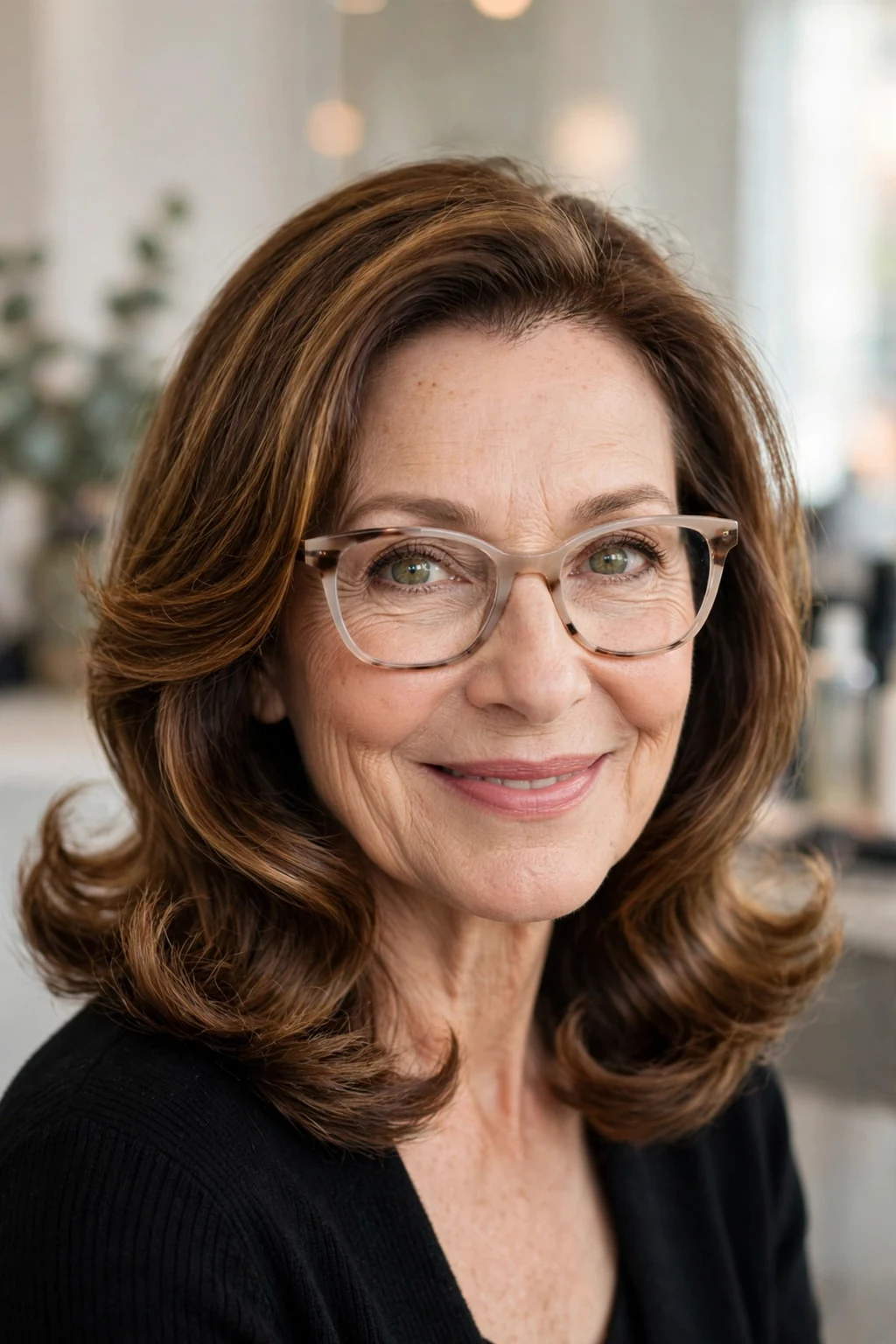 Elegant woman over 50 with glasses and medium-length hair with flipped ends, bouncy polished finish, playful light.