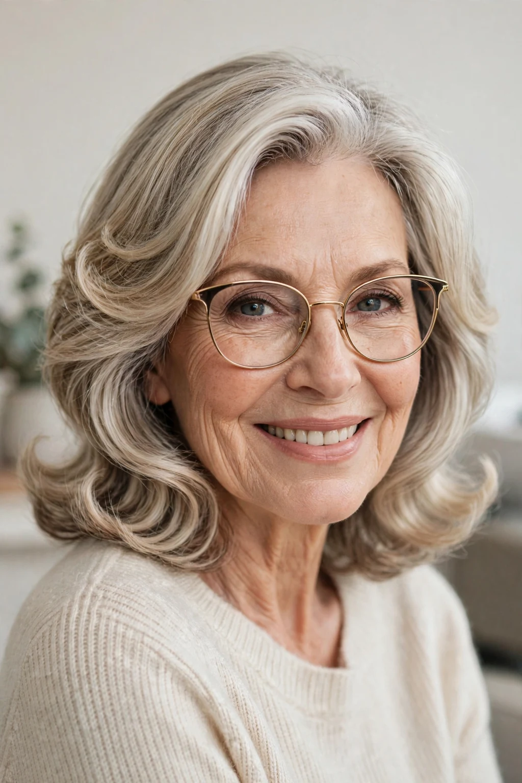 Elegant woman over 60 with glasses and medium-length hair with flipped ends, bouncy polished finish, playful light.