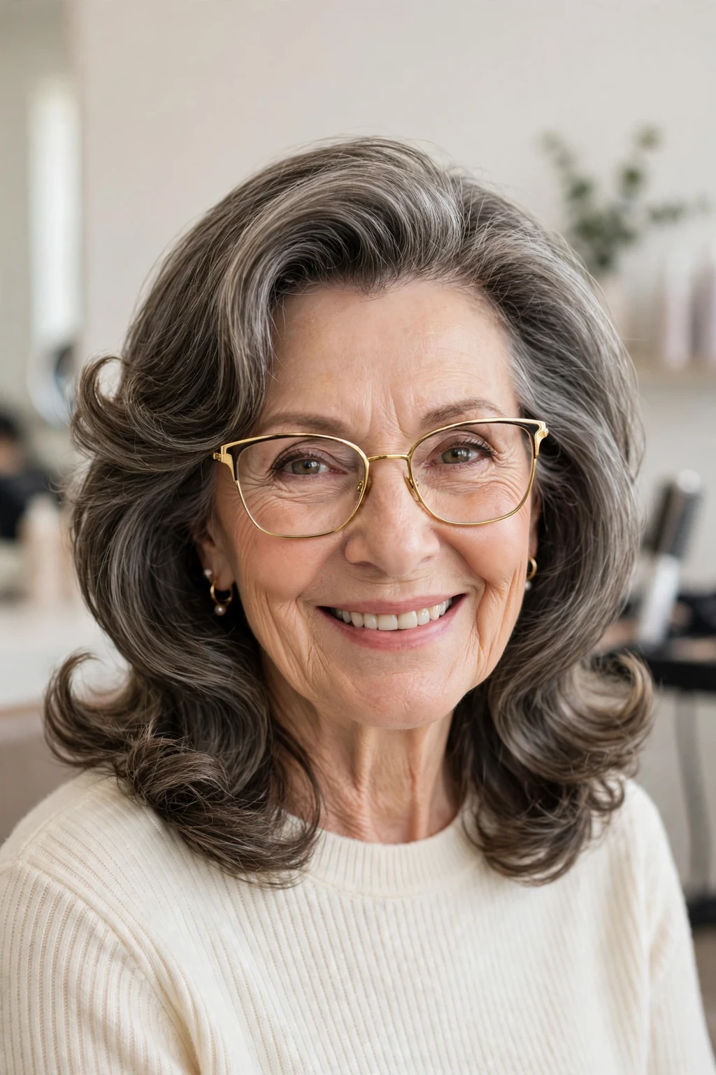 Elegant woman over 70 with glasses and medium-length hair with flipped ends, bouncy polished finish, playful light.