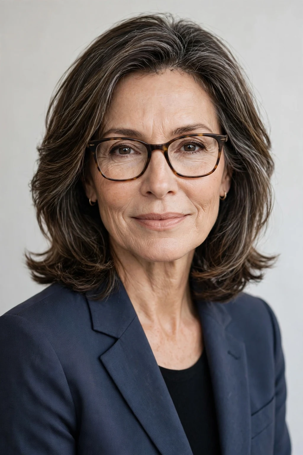 Elegant woman over 50 with glasses and medium-length glasses-friendly layers, tailored flattering shape, flattering light.