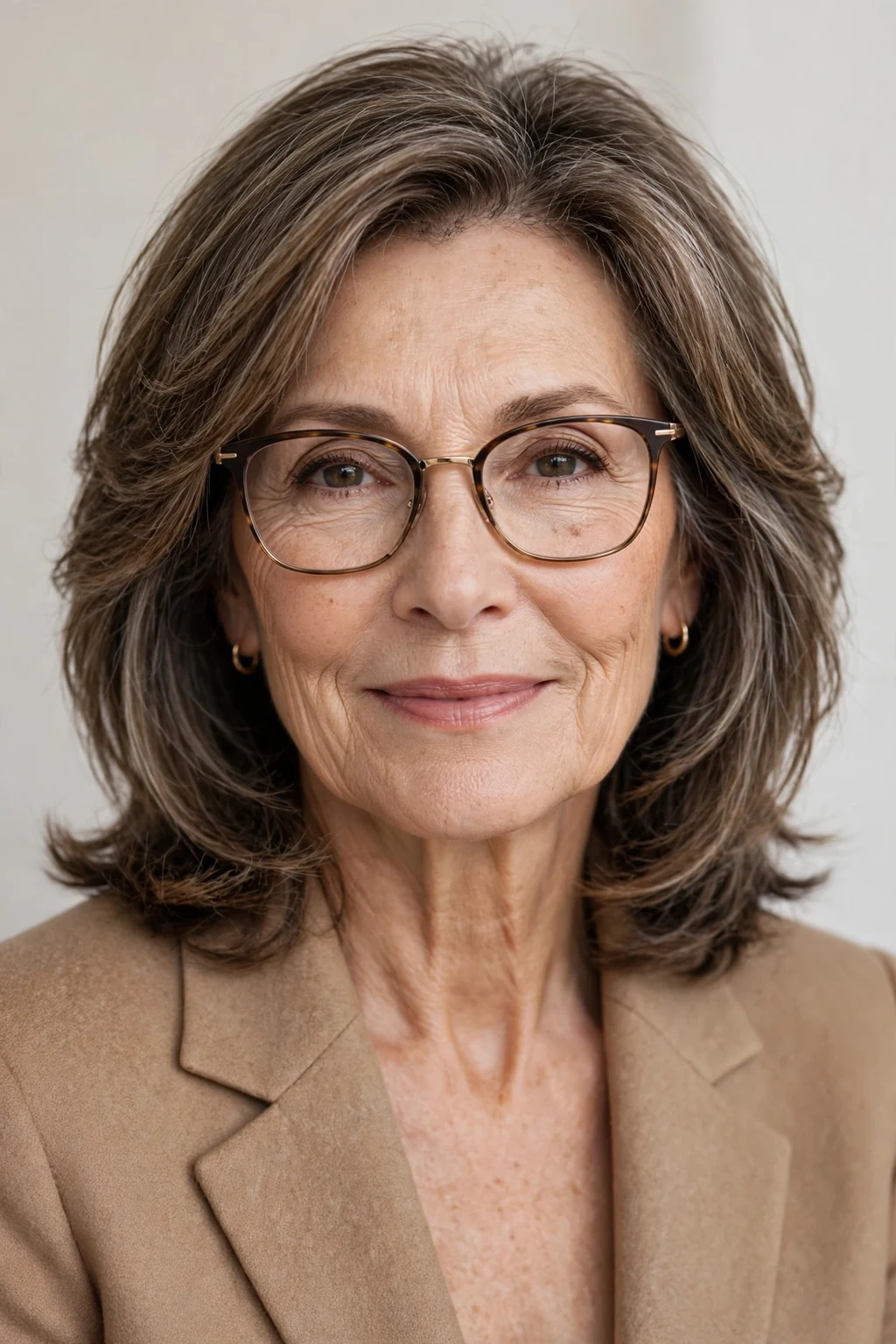 Elegant woman over 60 with glasses and medium-length glasses-friendly layers, tailored flattering shape, flattering light.