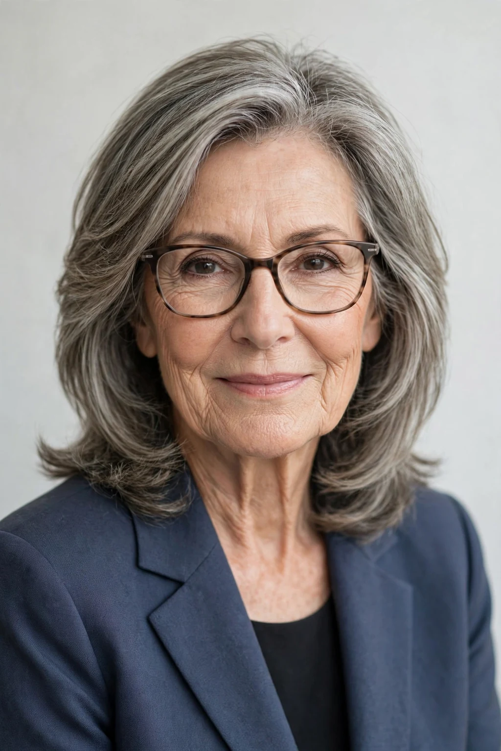 Elegant woman over 70 with glasses and medium-length glasses-friendly layers, tailored flattering shape, flattering light.