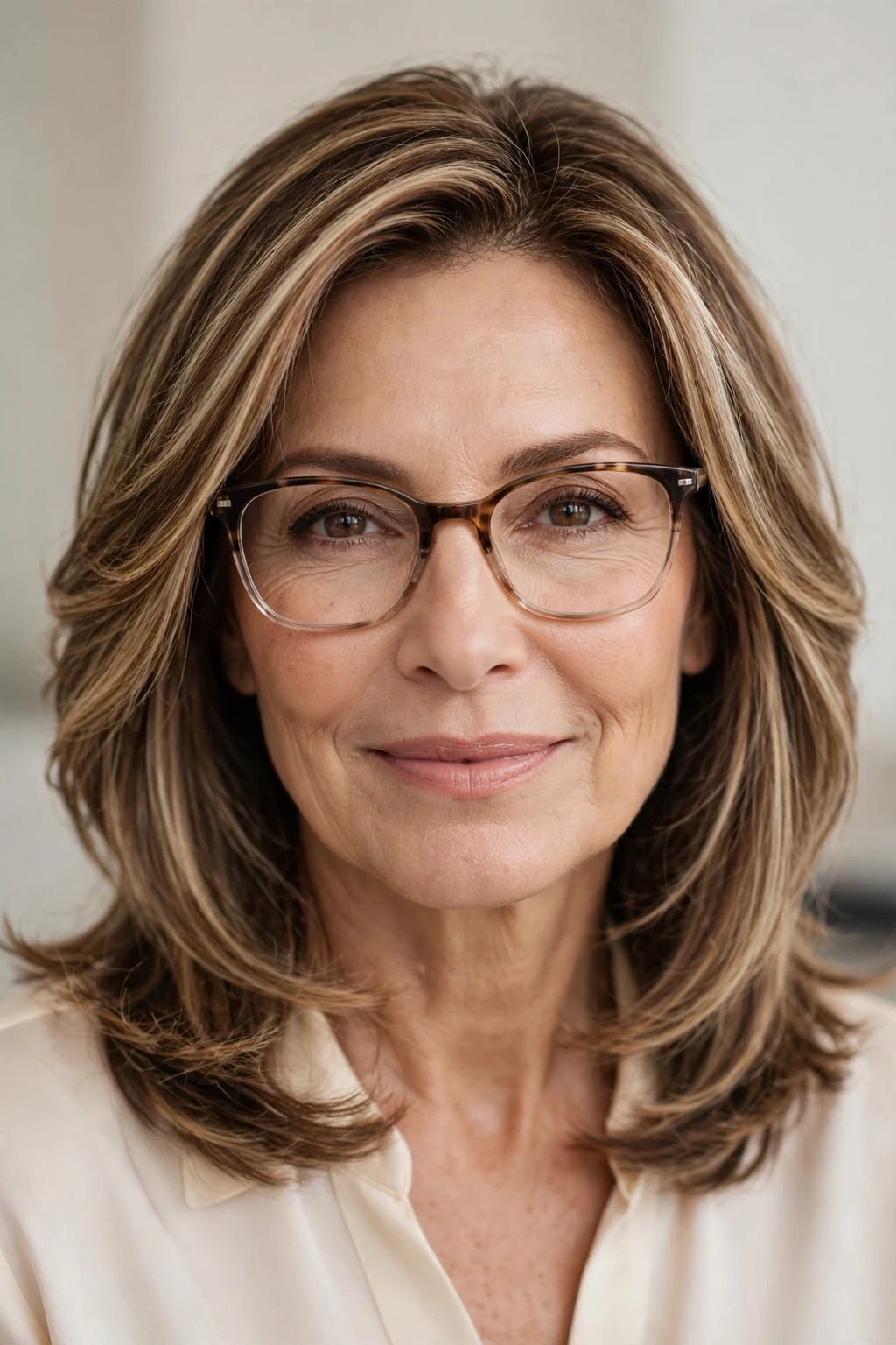 Elegant woman over 50 with glasses and highlighted medium-length hair, dimensional radiant color, luminous light.