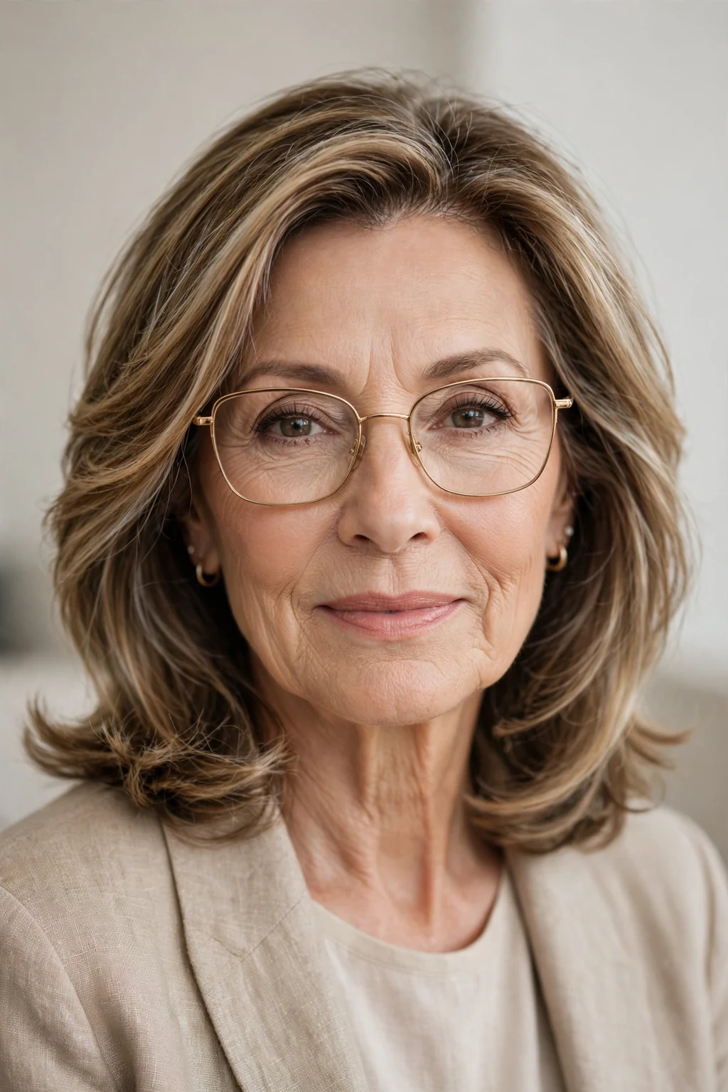 Elegant woman over 60 with glasses and highlighted medium-length hair, dimensional radiant color, luminous light.