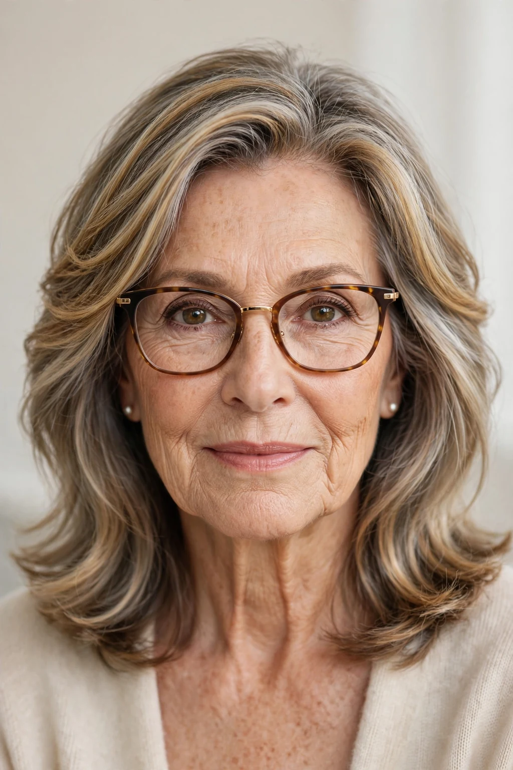Elegant woman over 70 with glasses and highlighted medium-length hair, dimensional radiant color, luminous light.