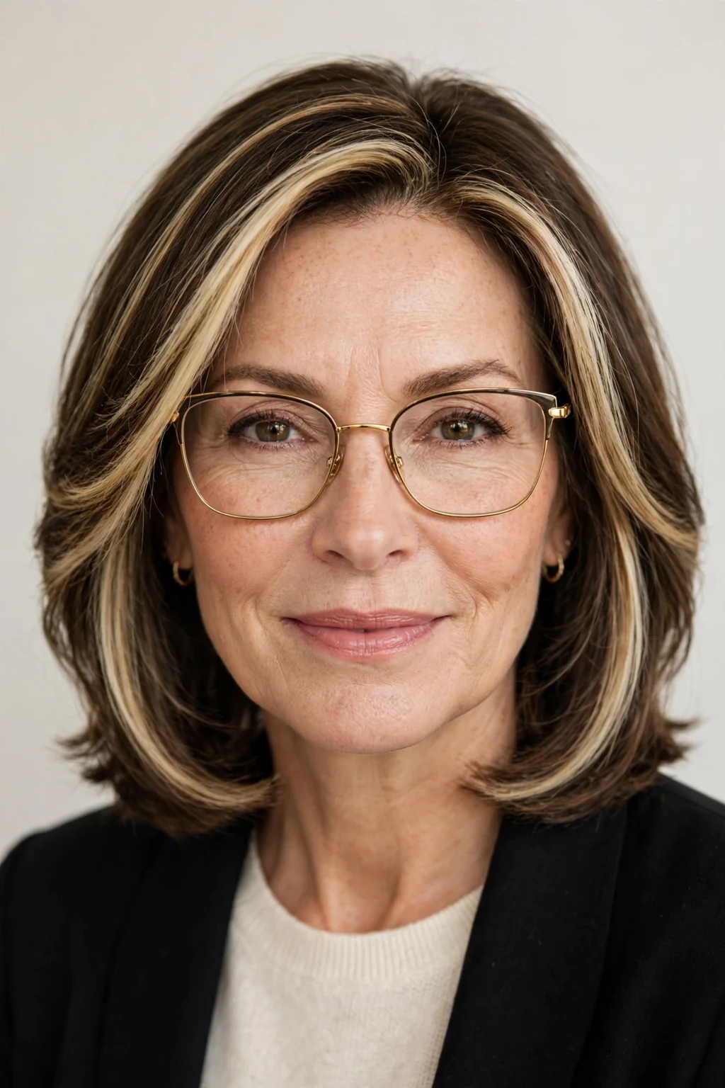 Elegant woman over 50 with glasses and medium-length money piece, bright face-framing color, radiant light.