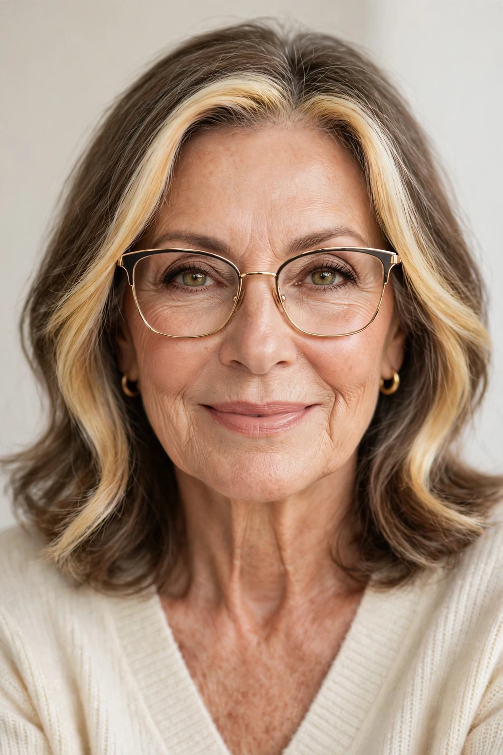 Elegant woman over 60 with glasses and medium-length money piece, bright face-framing color, radiant light.