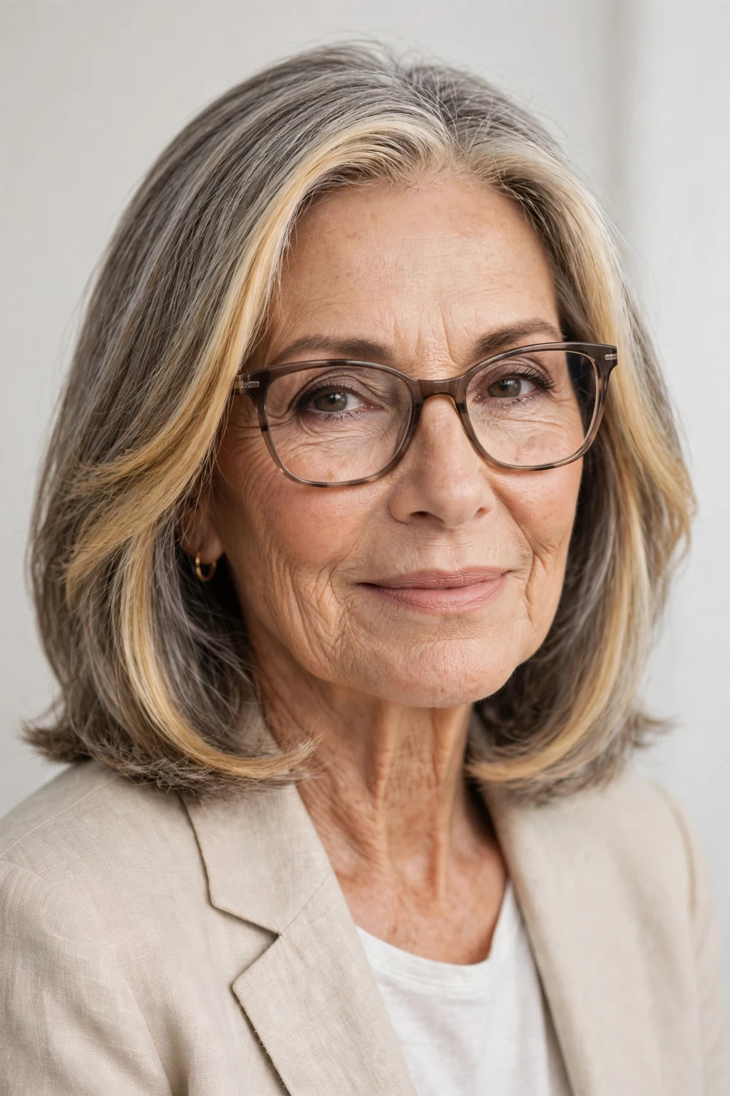 Elegant woman over 70 with glasses and medium-length money piece, bright face-framing color, radiant light.