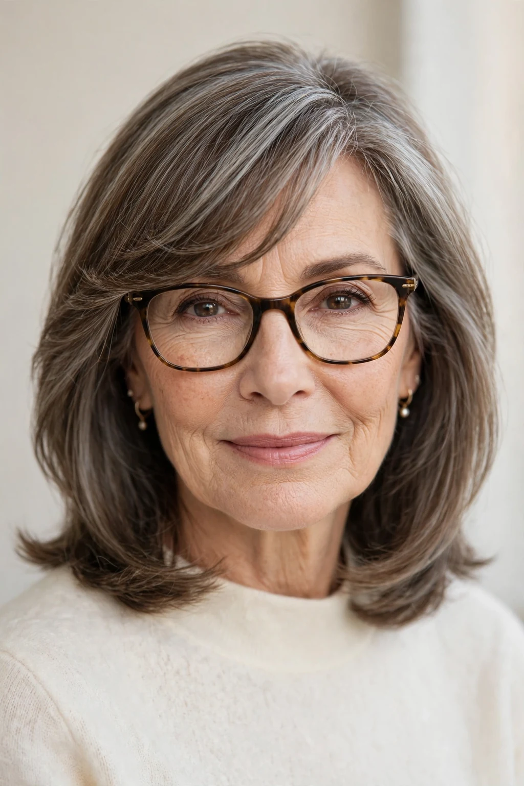 Elegant woman over 60 with glasses and medium-length hair with side-swept bangs, graceful diagonal fringe, chic light.